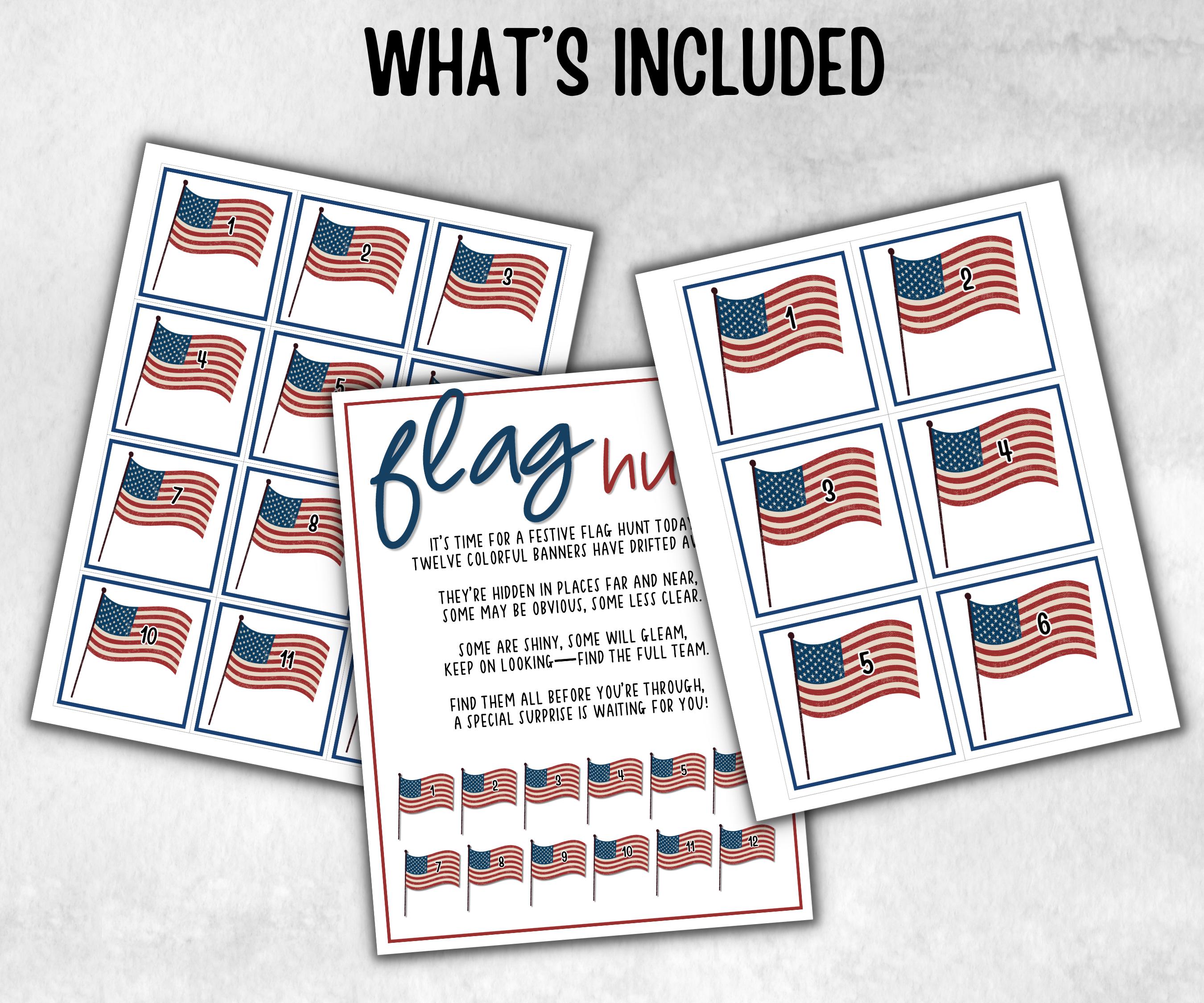 Patriotic Flag Hunt, Family Game Night, Summer Barbeque reunion, backyard hunt, 4th of july, Independence day, Flag day kids school activity