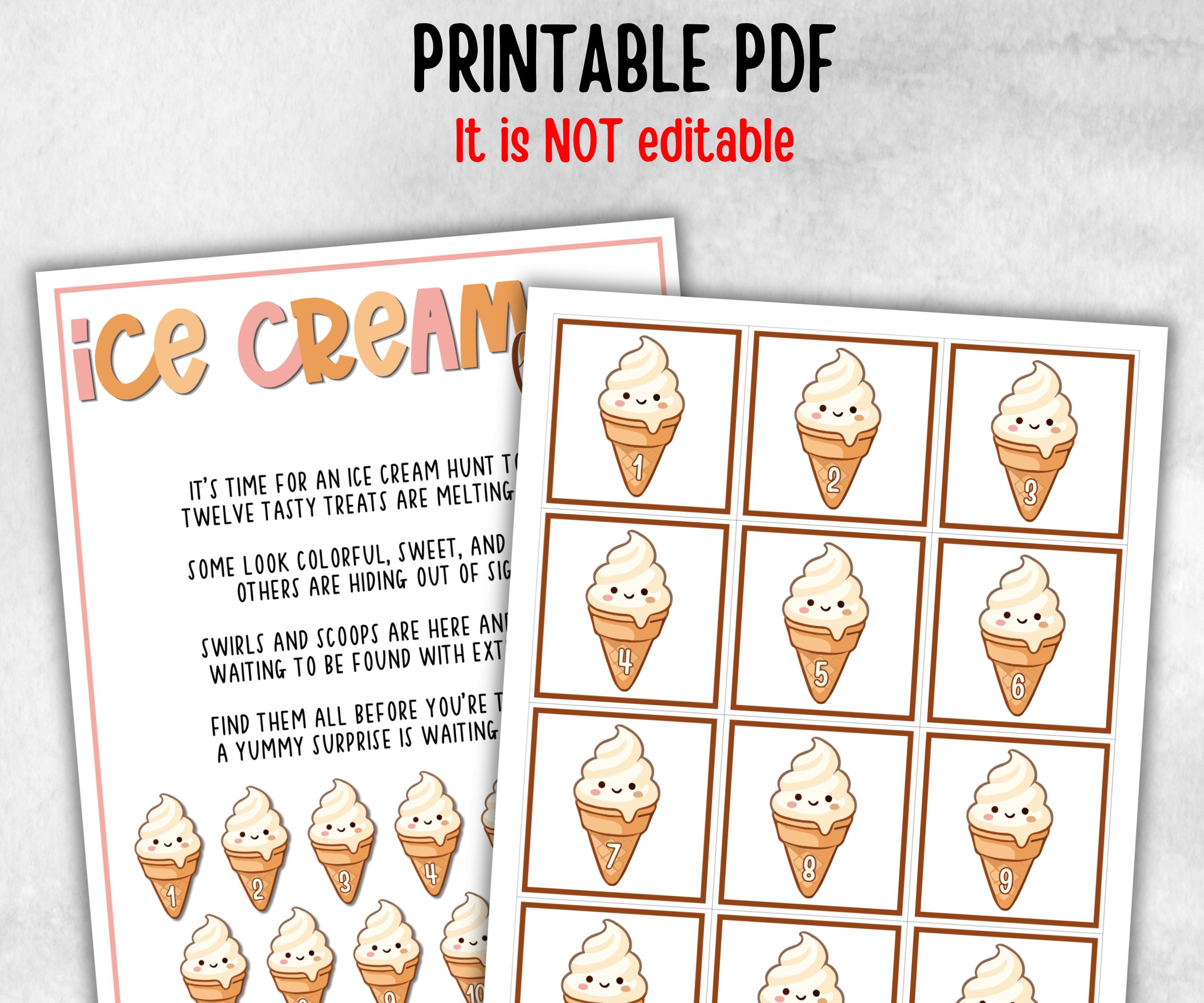 Ice Cream Scavenger Hunt for kids, backyard hunt, Sweet and treats, themed birthday, tea party, spring yard games, garden party icebreaker