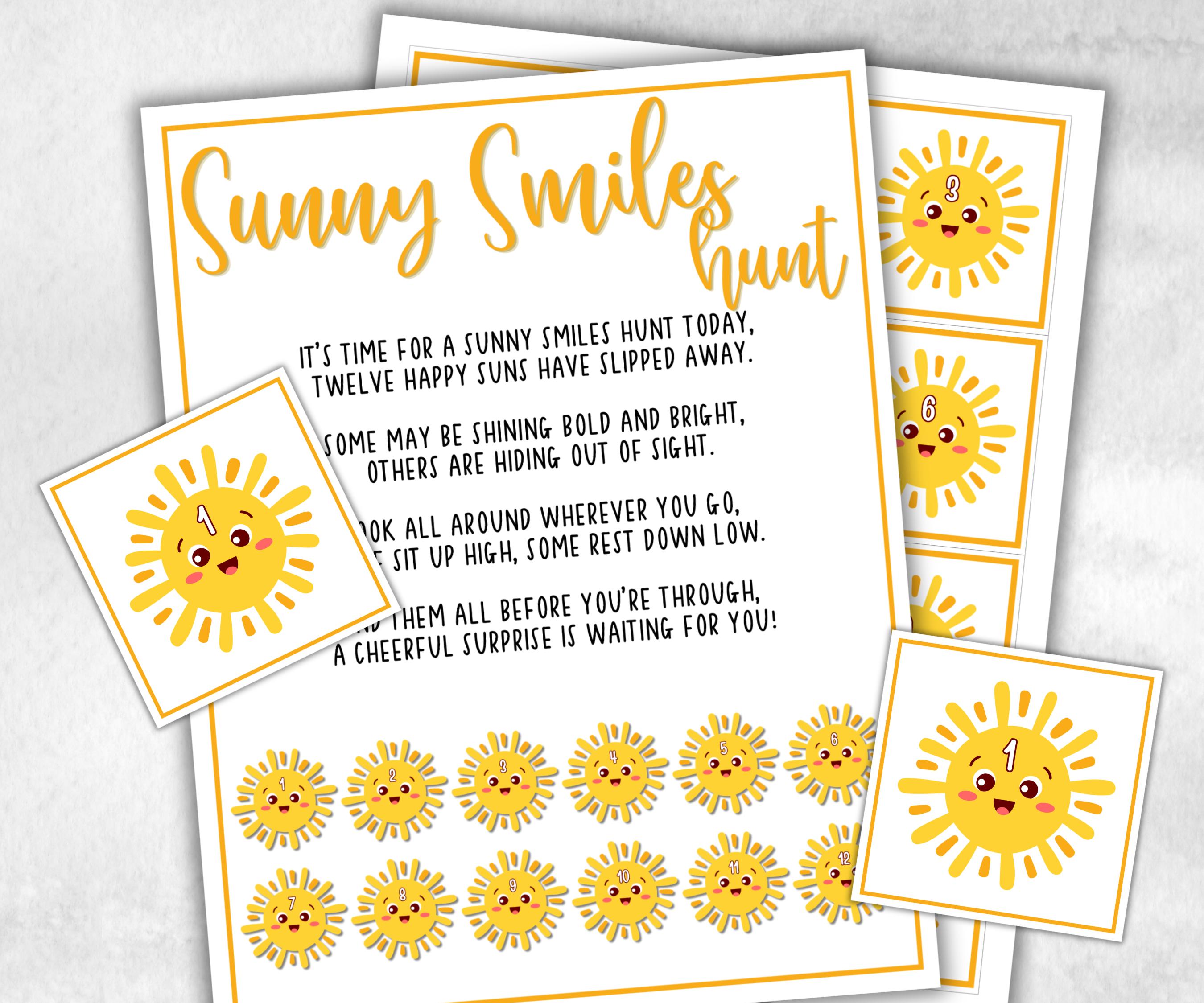 Smiling Sun Scavenger Hunt for kid, backyard hunt, Themed birthday, tea party, spring yard games, garden party icebreaker idea, sunny summer
