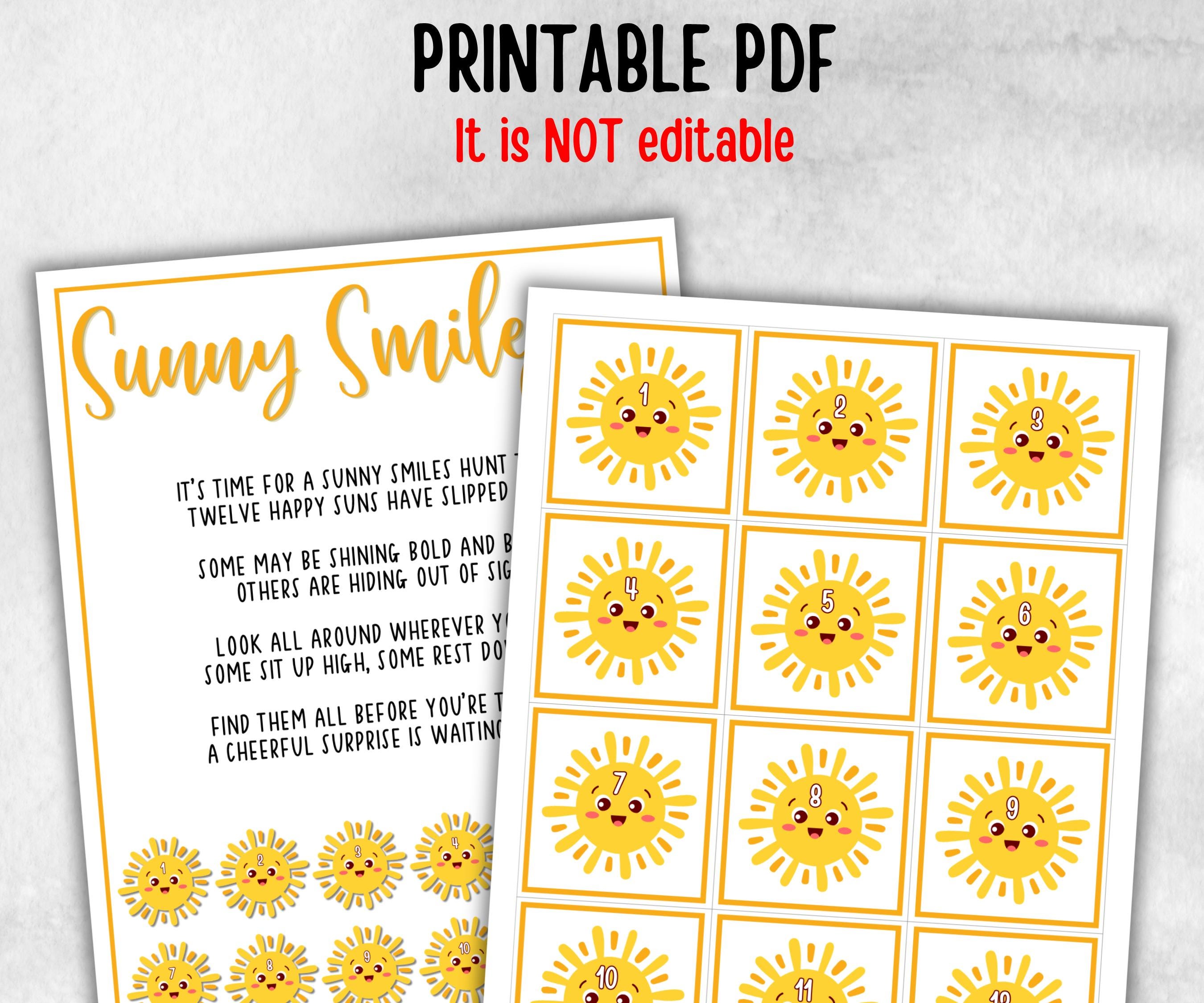 Smiling Sun Scavenger Hunt for kid, backyard hunt, Themed birthday, tea party, spring yard games, garden party icebreaker idea, sunny summer