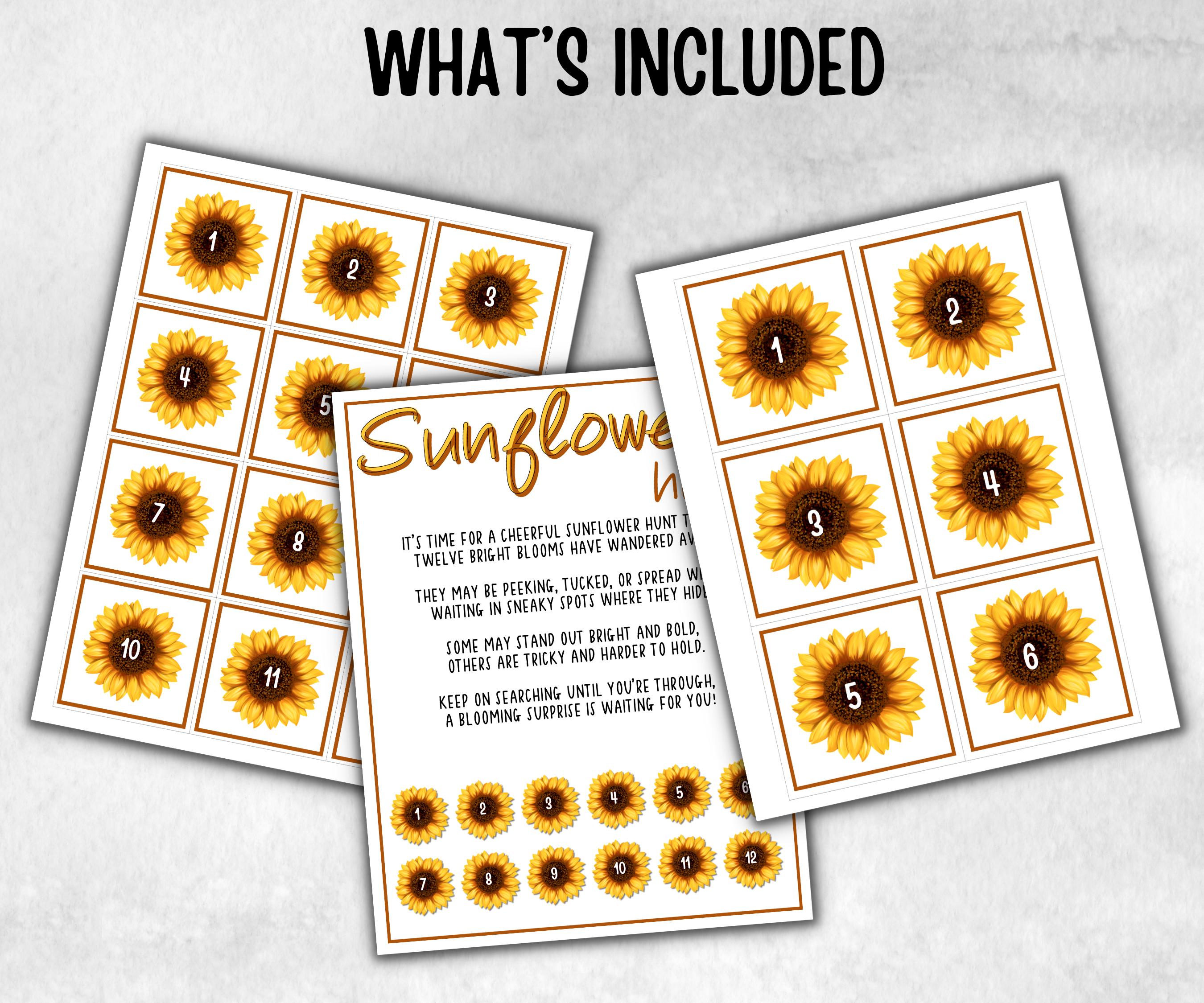 Sunflower Scavenger Hunt for kids, backyard hunt, Floral themed shower, birthday, tea party, spring yard games, garden party icebreaker idea