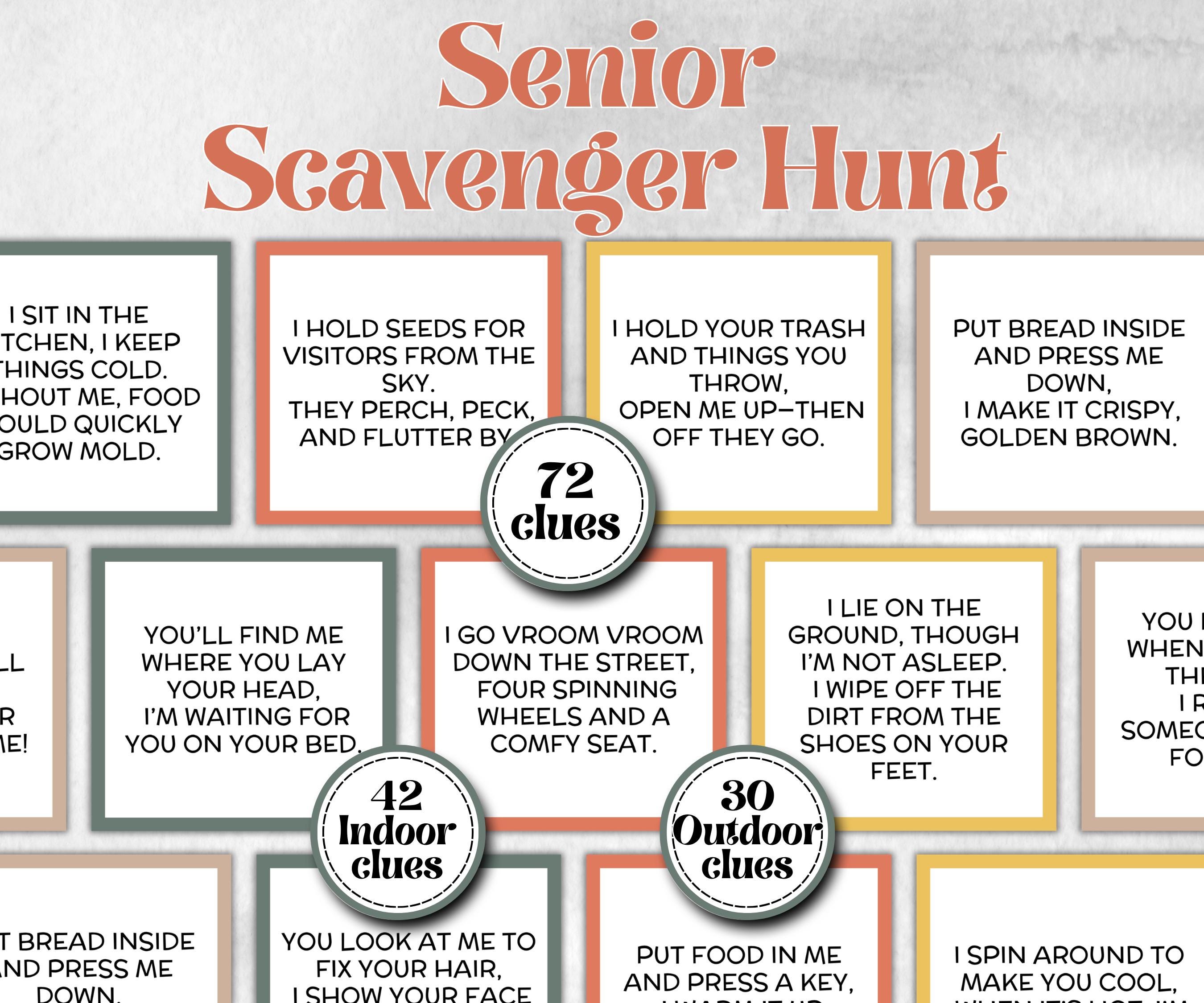 Senior Living Indoor Outdoor Scavenger Hunt, Birthday game for senior citizens, milestone birthday gift, treasure hunt, fun retirement,