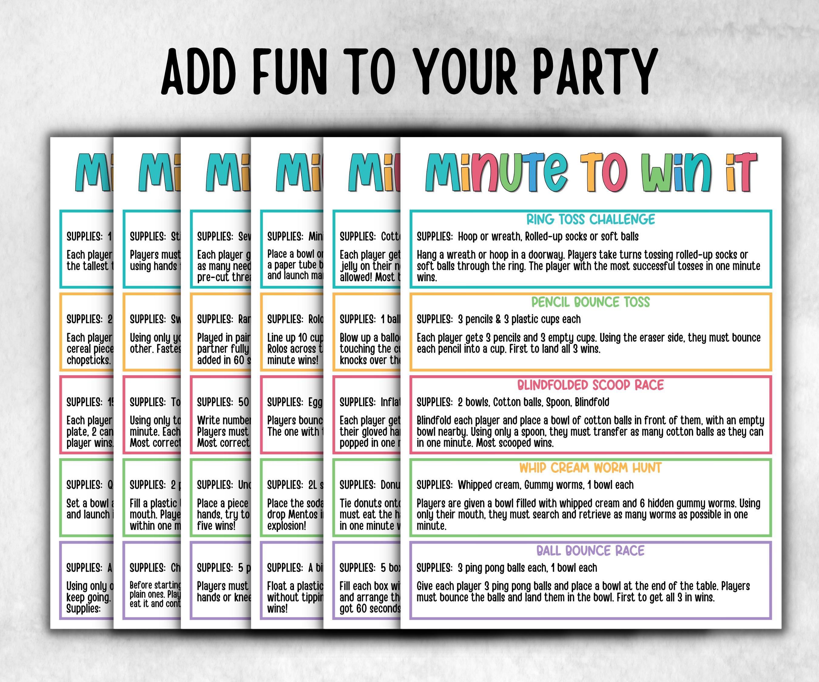Birthday Minute to Win It, older kids activity, Boy Girl Birthday, milestone birthday gift, preteen at home game, spring yard game, reunion