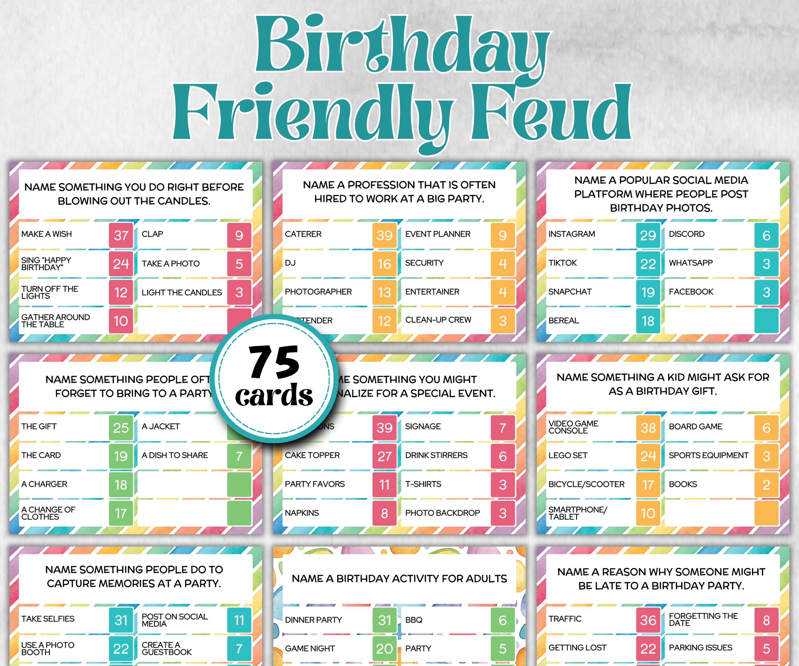 Birthday Friendly Feud, for kids and adults, Boy Girl Birthday, milestone birthday, funny party activity, teen tween icebreaker trivia, game