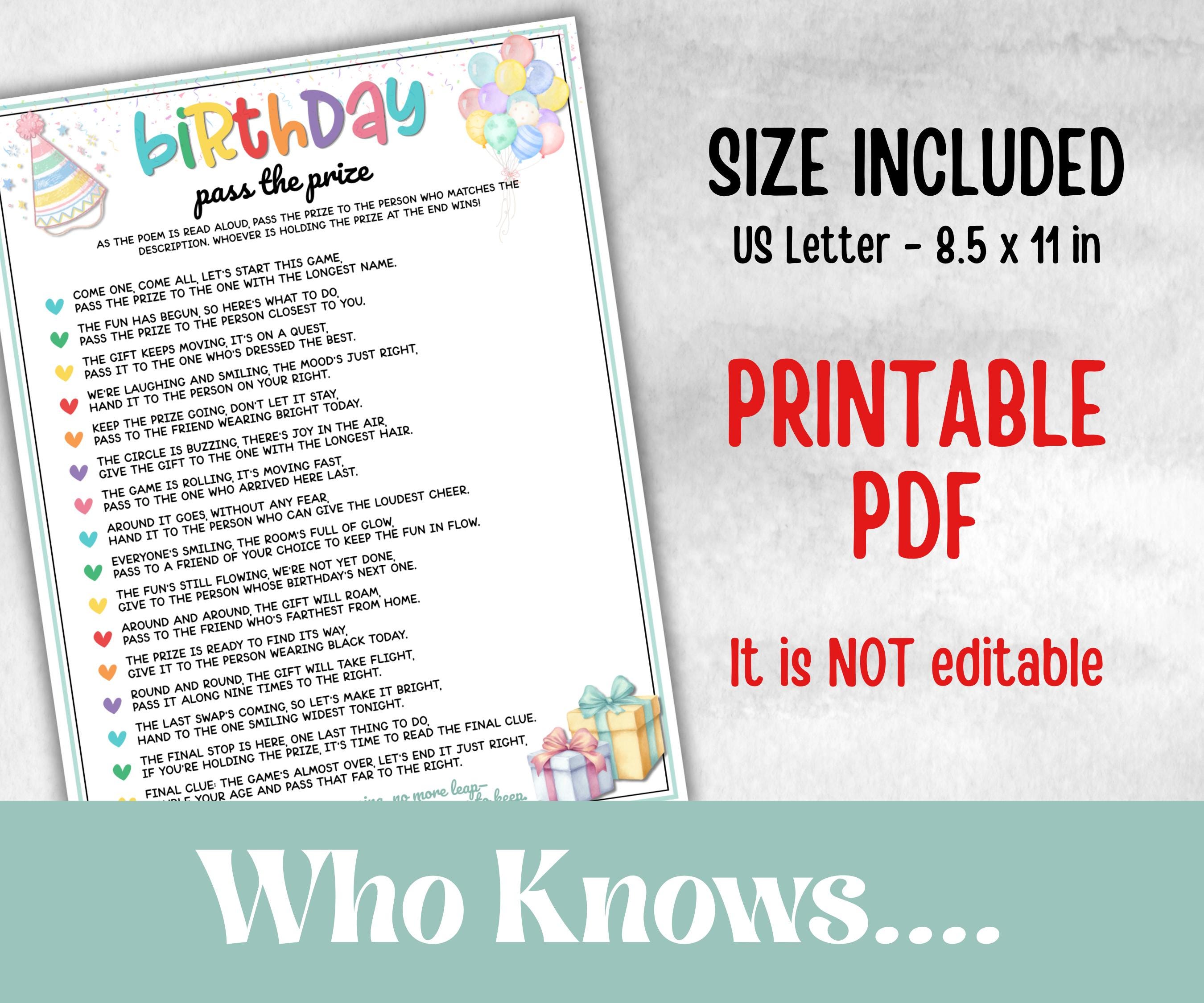 Birthday Pass The Prize, Left Right Game, preteen at home game, Pass the Present Poem, Kids Party activity, Boy Girl Birthday, milestone