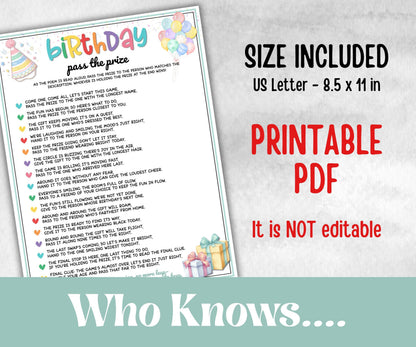 Birthday Pass The Prize, Left Right Game, preteen at home game, Pass the Present Poem, Kids Party activity, Boy Girl Birthday, milestone