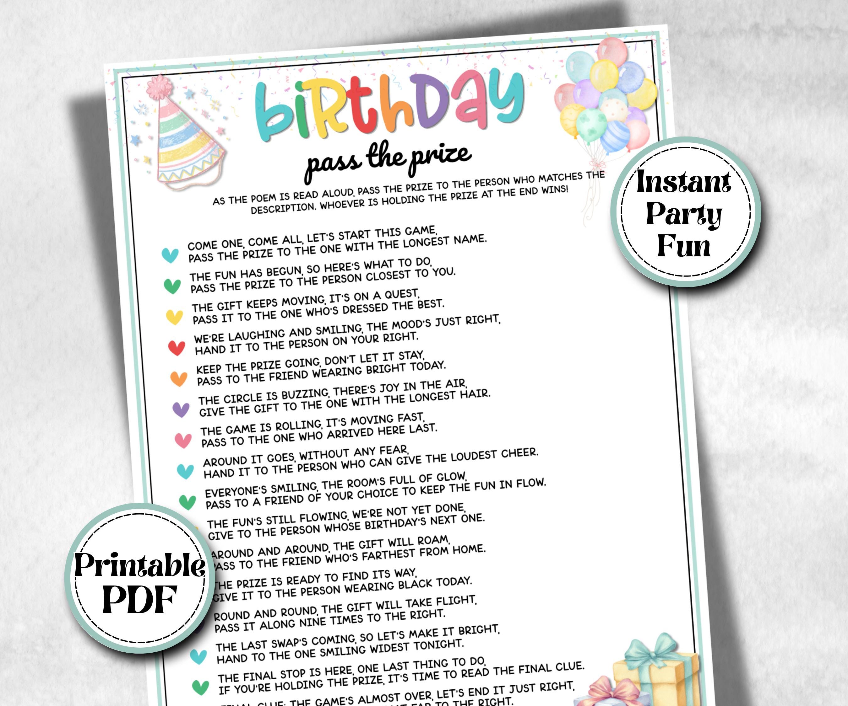Birthday Pass The Prize, Left Right Game, preteen at home game, Pass the Present Poem, Kids Party activity, Boy Girl Birthday, milestone
