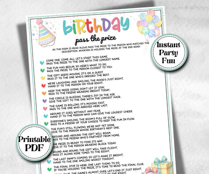 Birthday Pass The Prize, Left Right Game, preteen at home game, Pass the Present Poem, Kids Party activity, Boy Girl Birthday, milestone
