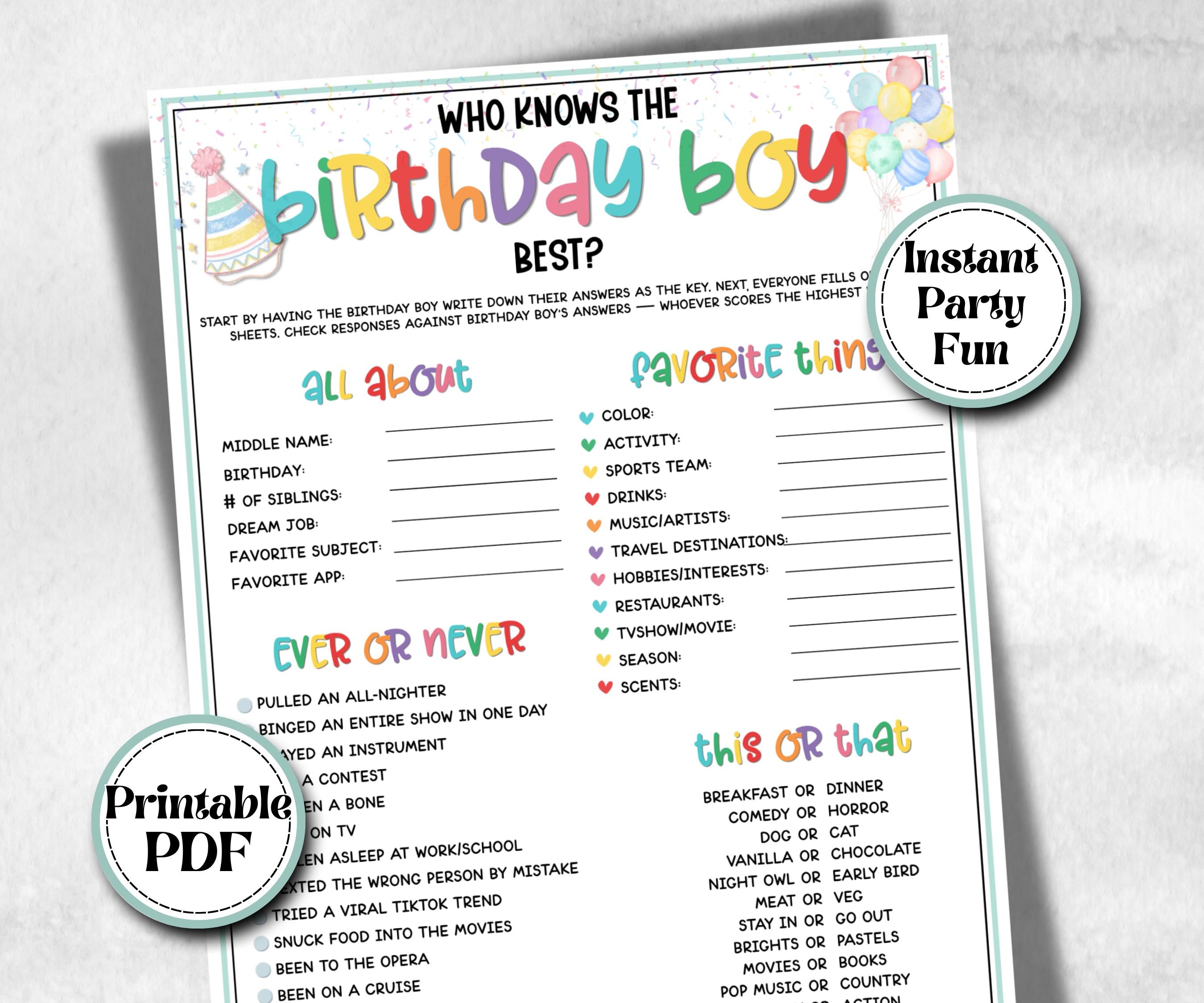 Who Knows The Birthday Boy Best, preteen at home game, Kids Party activity, large group activity, themed birthday, All about me birthday fun