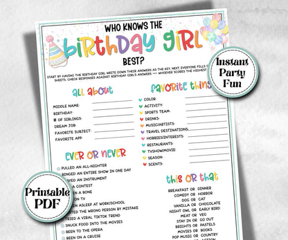 Who Knows The Birthday Girl Best, preteen at home game, Kids Party activity, large group party, themed birthday, All about me birthday fun