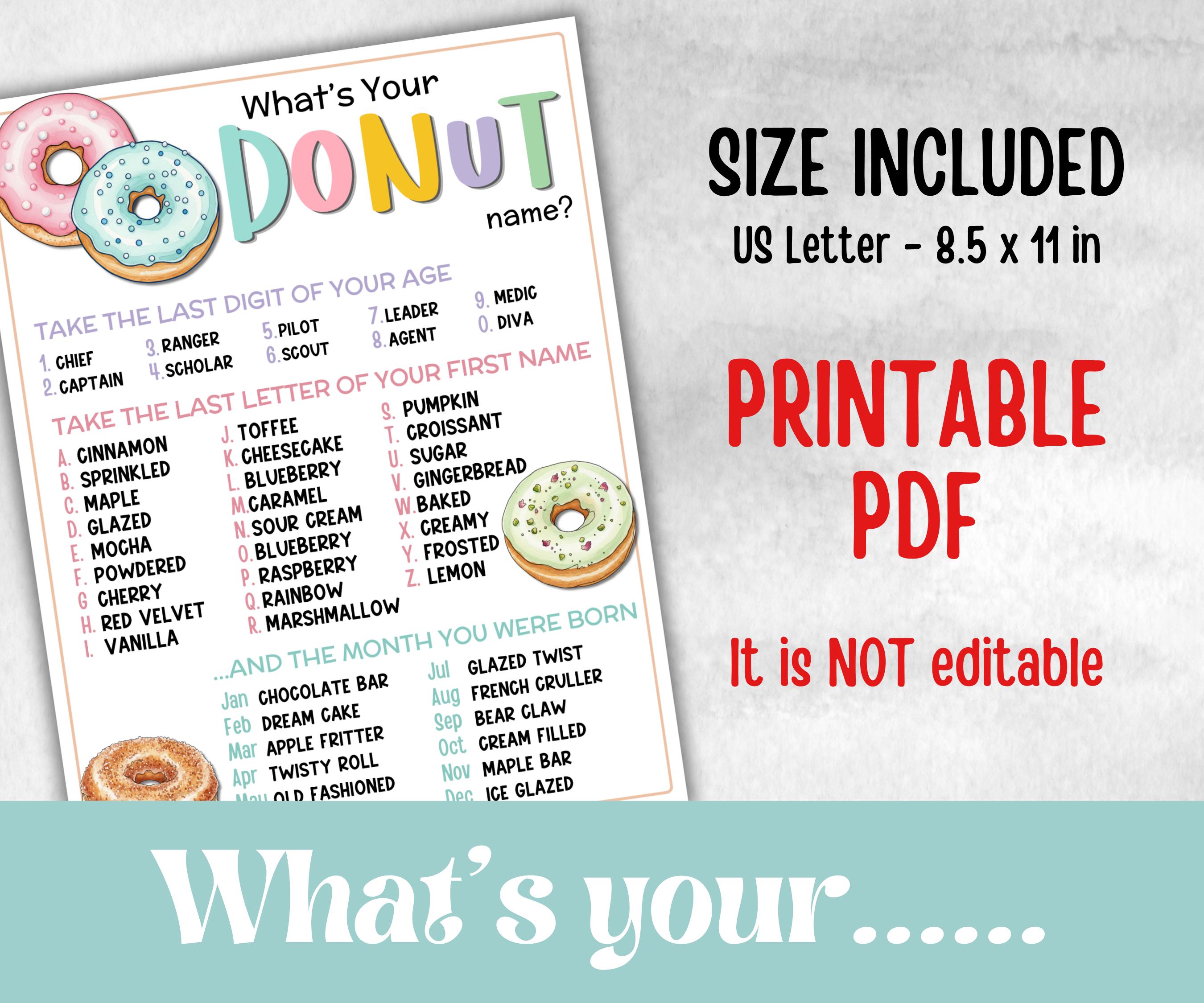 Whats your Donut name game, with name tags, Sweet and treat, themed birthday, family reunion party, classroom activities, spring summer game