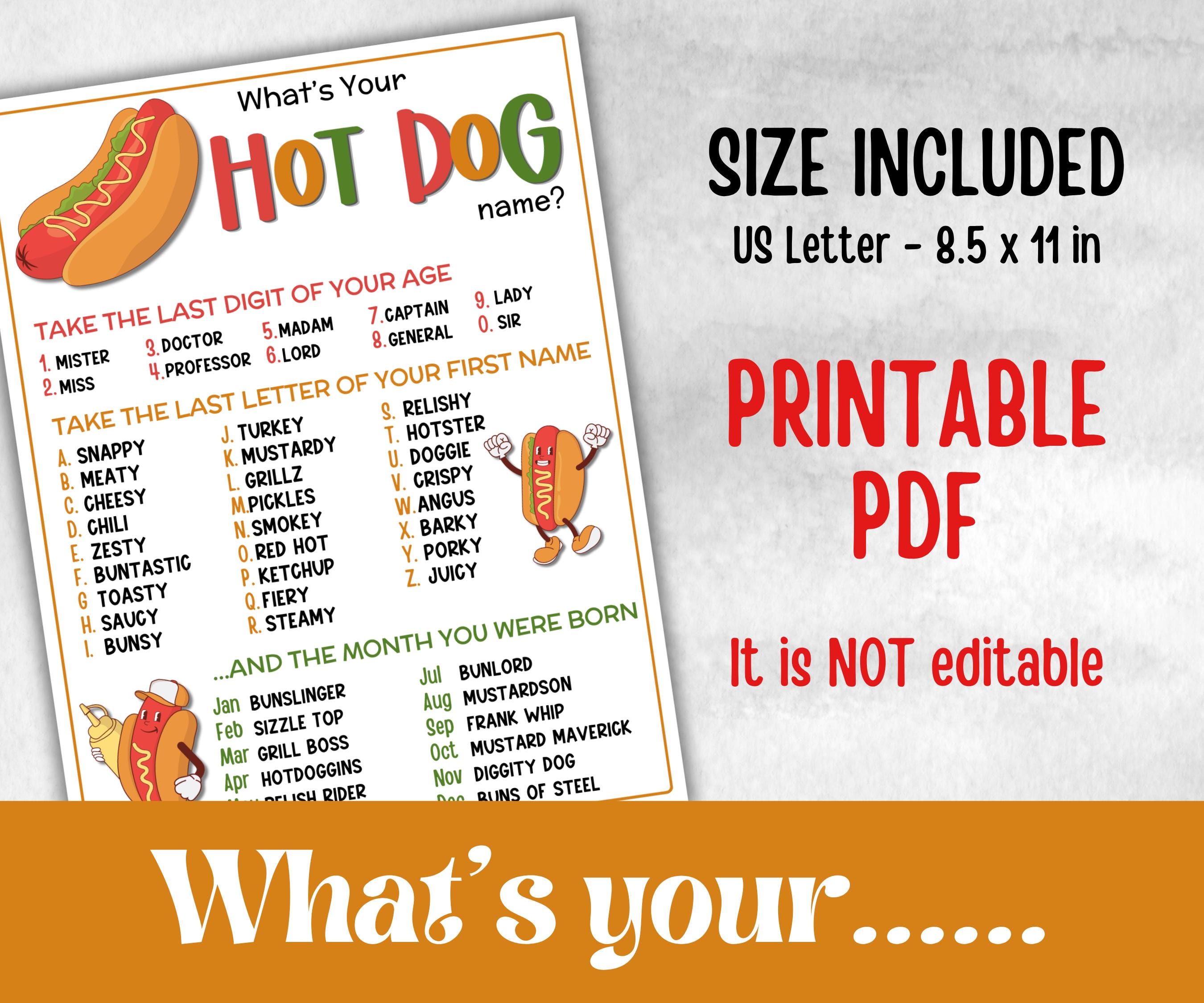 What is your Hot dog name, Name board sign, Name tags, fourth of july, church mix and mingle, summer BBQ, family reunion party, backyard