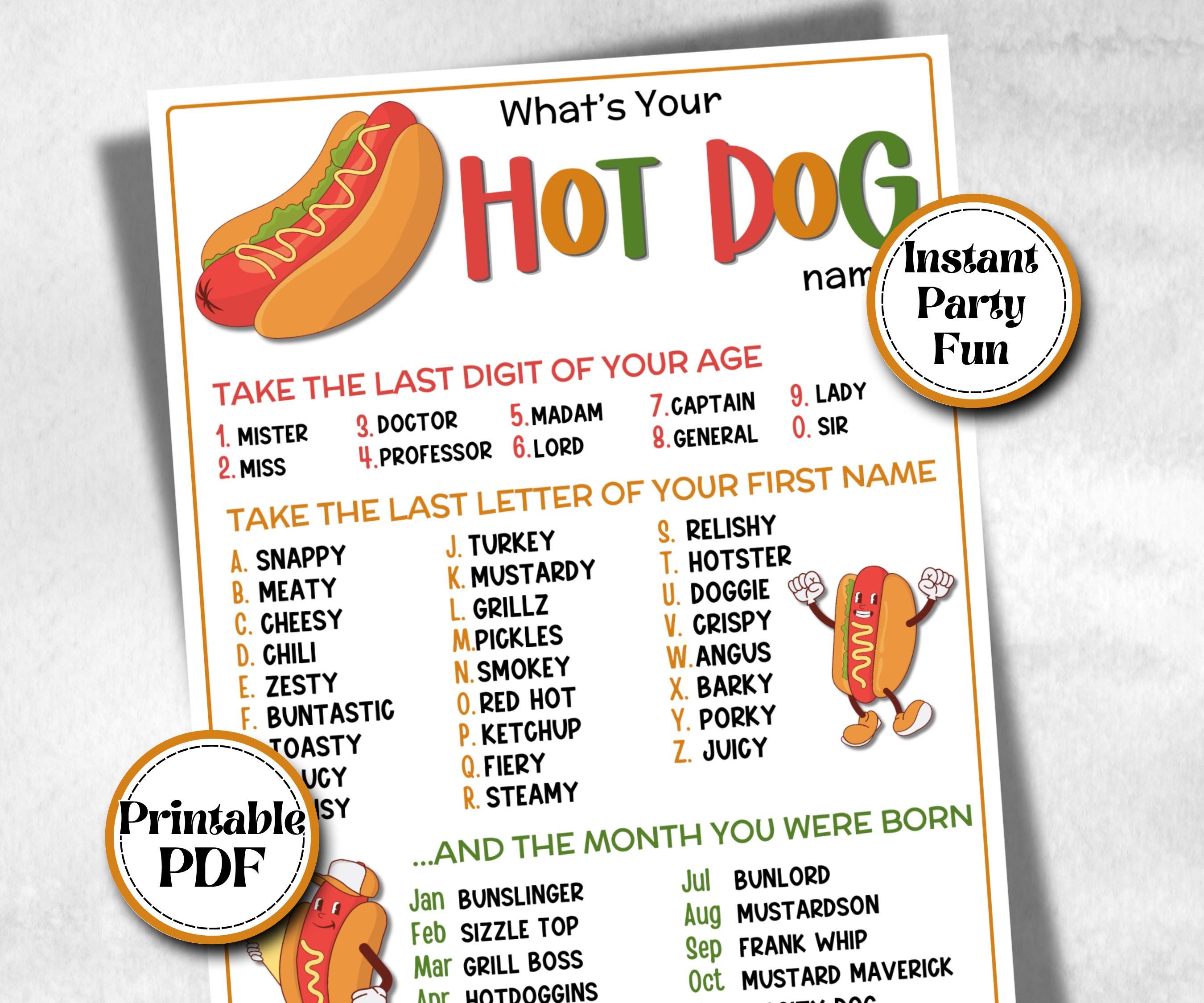 What is your Hot dog name, Name board sign, Name tags, fourth of july, church mix and mingle, summer BBQ, family reunion party, backyard