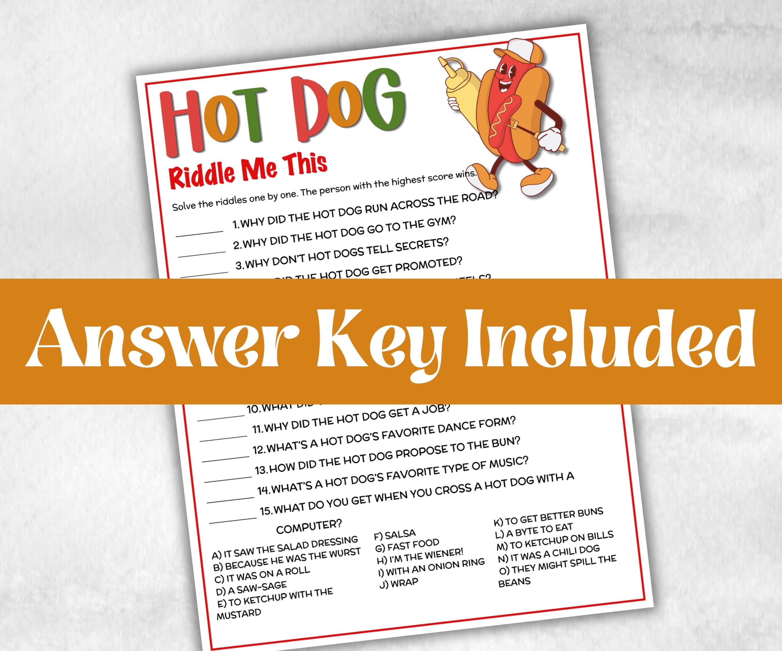 Hot Dog Riddles Jokes, Summer Birthday, Summer Camp Games, church mix and mingle, summer BBQ, family reunion party, printable backyard game