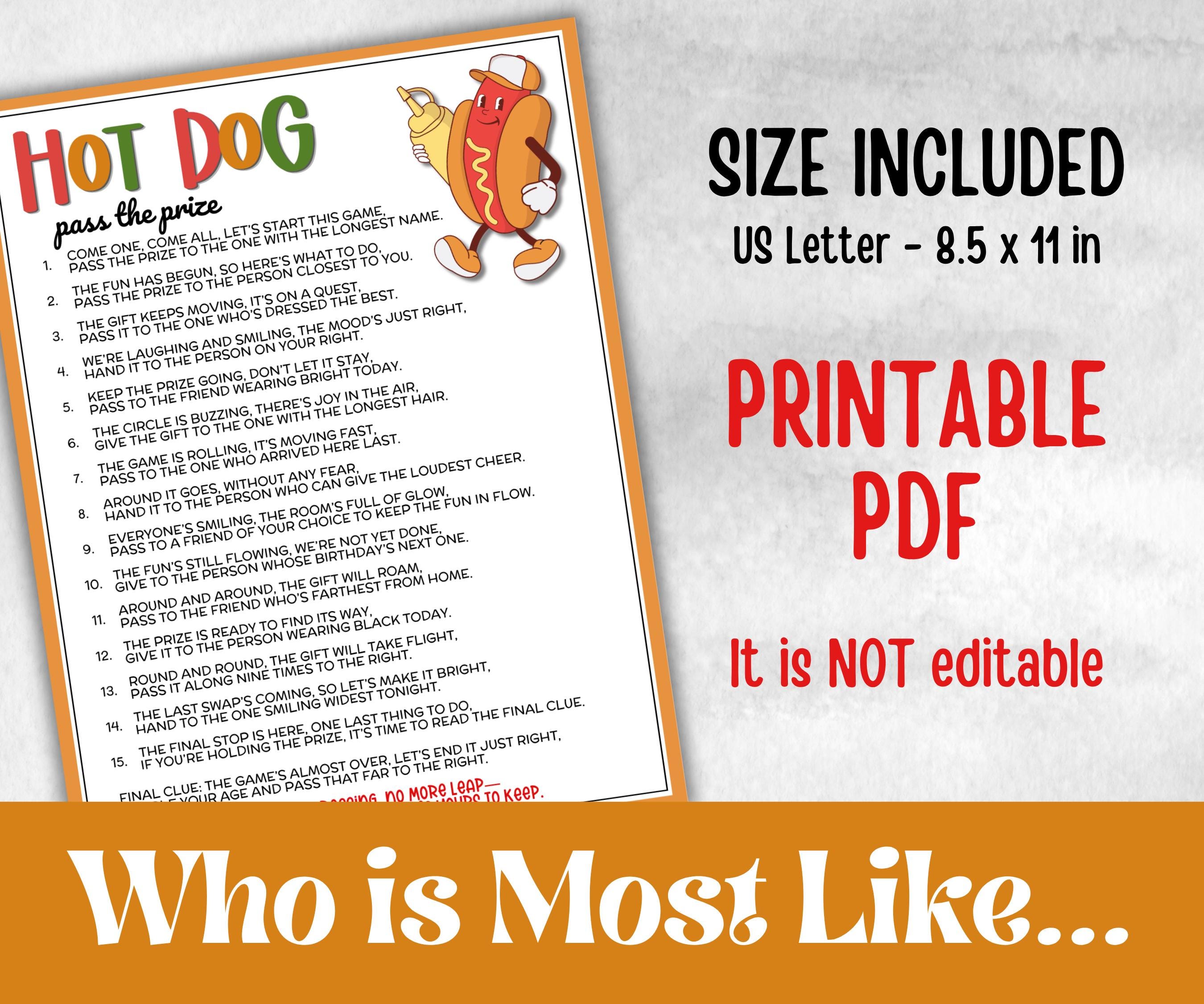 Hot Dog Pass The Prize, grilling wienerroast, printable bratwurst, bbq fundraiser, fast food party, family reunion, baby shower activity fun