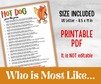 Hot Dog Pass The Prize, grilling wienerroast, printable bratwurst, bbq fundraiser, fast food party, family reunion, baby shower activity fun