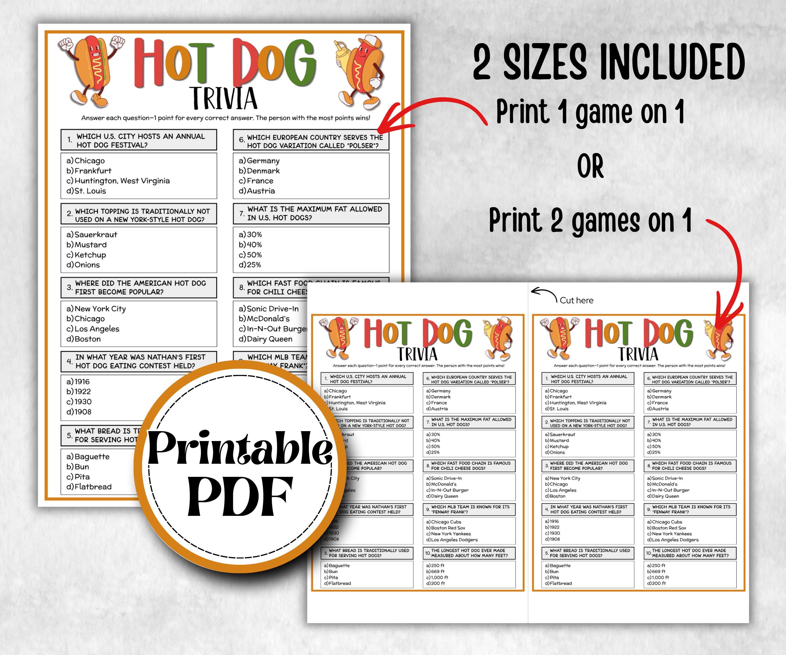 Hot Dog Trivia, Summer Birthday, Summer Camp Games, church mix and mingle, summer BBQ, family reunion party, printable backyard game