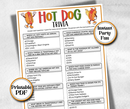 Hot Dog Trivia, Summer Birthday, Summer Camp Games, church mix and mingle, summer BBQ, family reunion party, printable backyard game