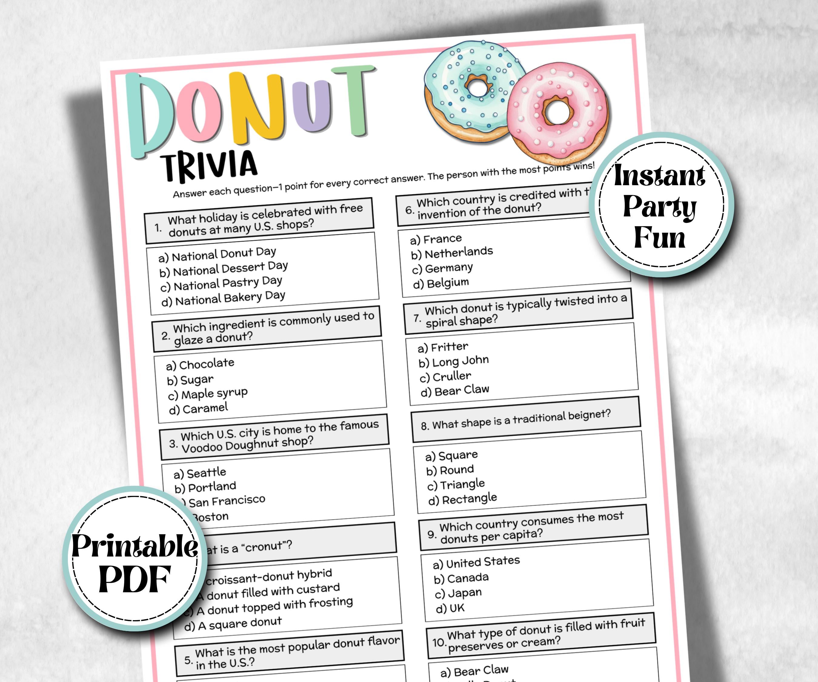 Donut Trivia, Sweet and treats, printable spring yard puzzle, garden tea party, Doughnut Bar, office event, pancake, Brunch Party Ideas