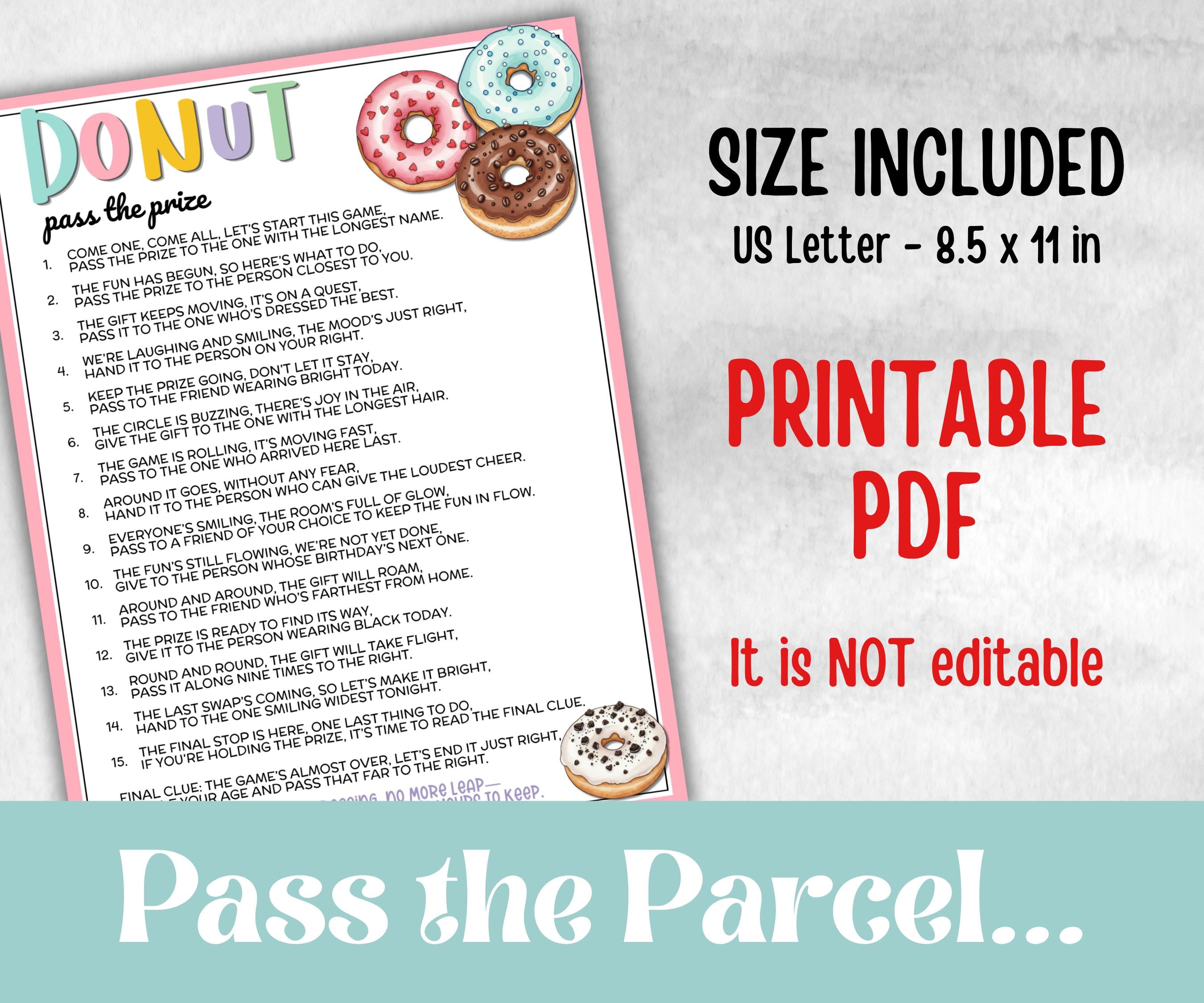 Donut Pass the Prize, Gift Exchange story, gift passing poem, rhyme, pass the gift, pass the present, pass the parcel, left right donut game