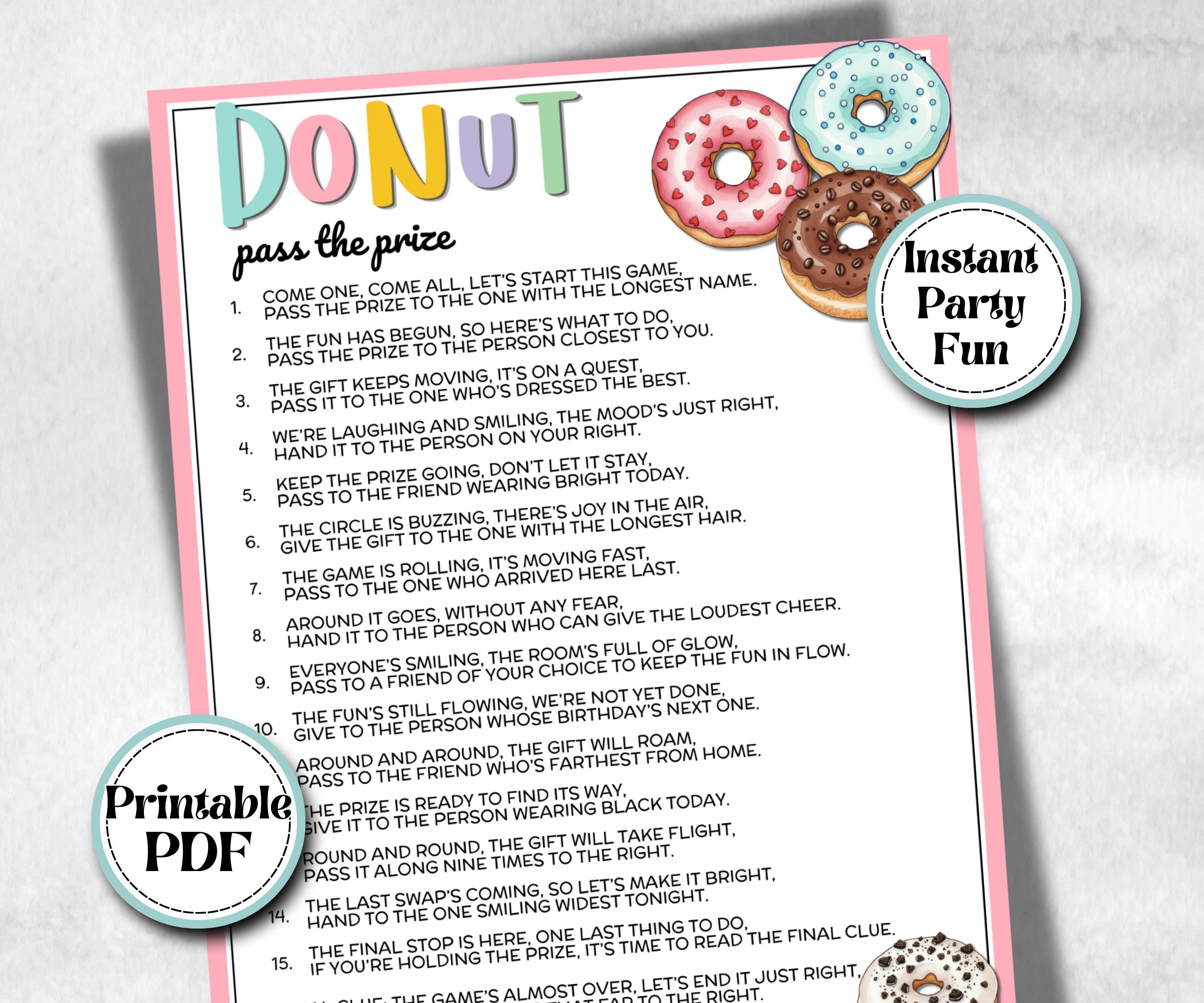 Donut Pass the Prize, Gift Exchange story, gift passing poem, rhyme, pass the gift, pass the present, pass the parcel, left right donut game