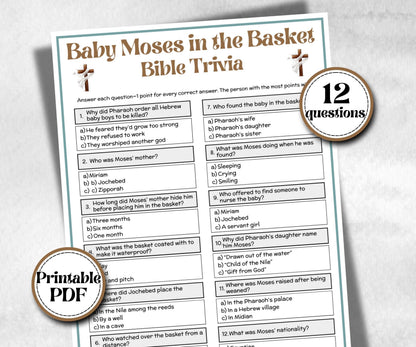Baby Moses in the Basket Trivia, Bible Camp, Bible Study riddles, Holiday Party Games, womens retreat group party, Old Testament Trivia