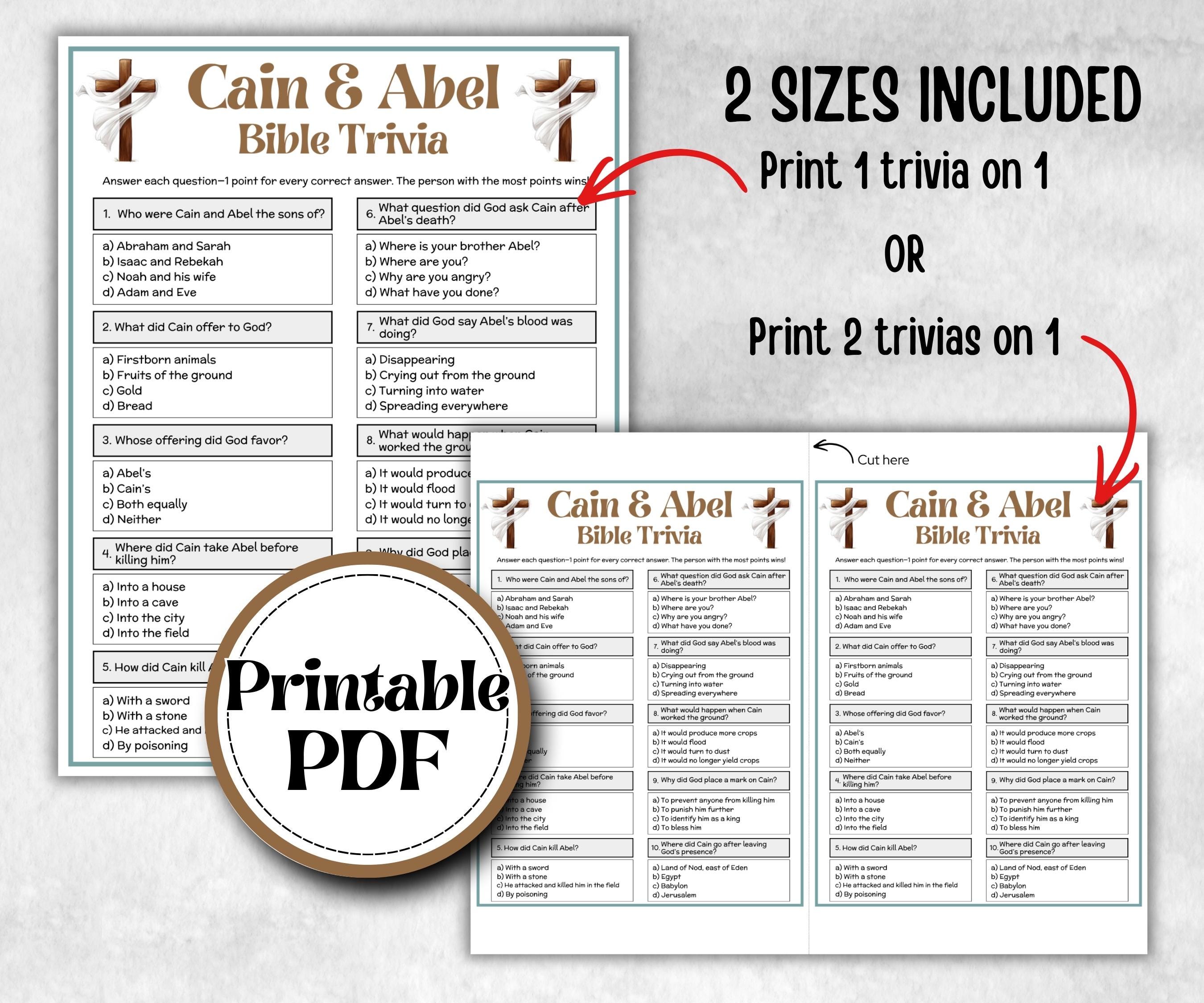 Cain and Abel Trivia, Bible Camp, Bible Study riddles, Holiday Party Games, womens retreat group party, Old Testament Trivia, Youth Group