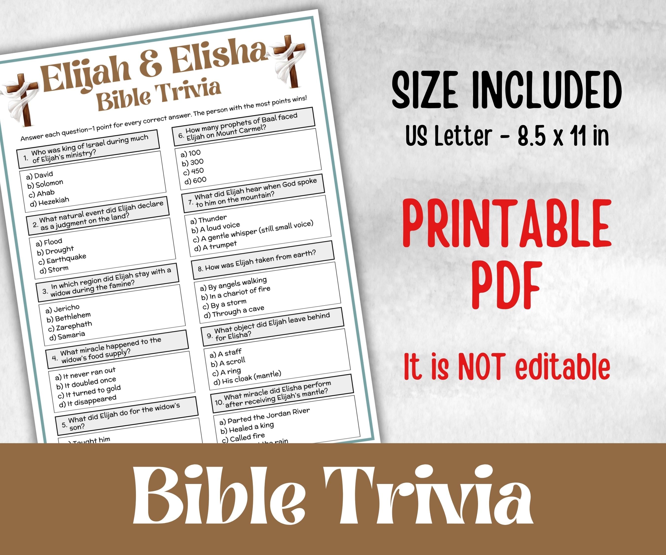 Elijah and Elisha Trivia, Bible Camp, Bible Study riddles, Holiday Party, womens retreat group party, Old Testament Trivia, Youth Group