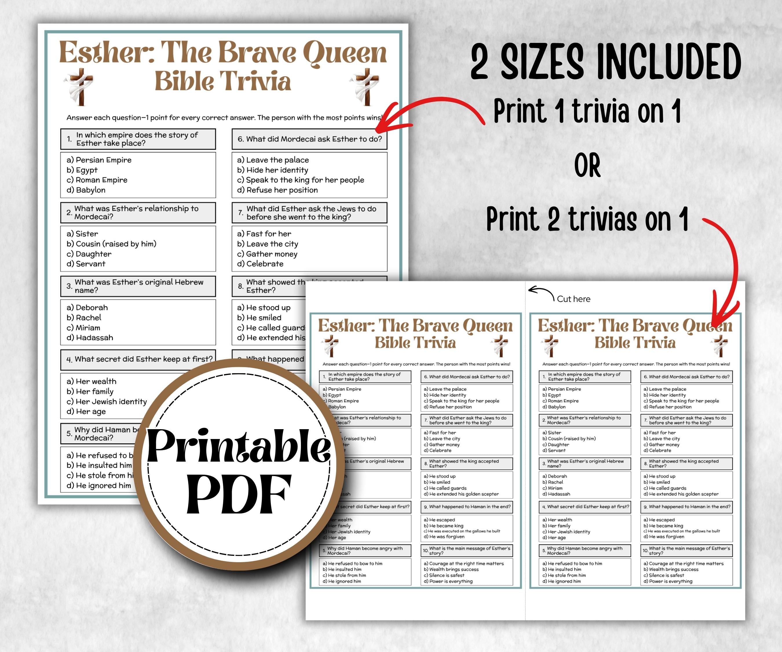 Esther The Brave Queen Trivia, Holiday Party, Old Testament Trivia, Church Lesson, Bible Study riddle, Bible Camp, womens retreat group