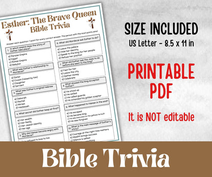 Esther The Brave Queen Trivia, Holiday Party, Old Testament Trivia, Church Lesson, Bible Study riddle, Bible Camp, womens retreat group