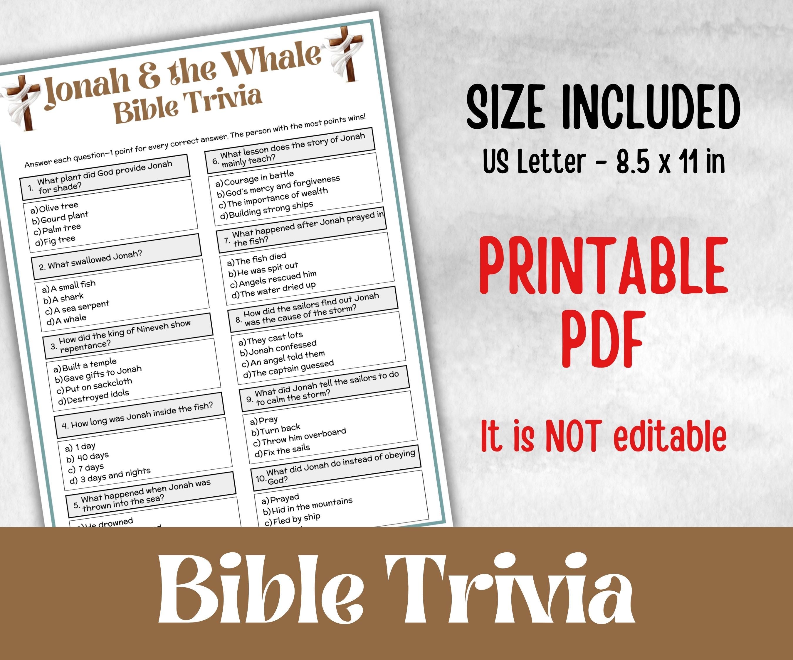 Jonah and the Whale Trivia, Holiday Party, Old Testament Trivia, Church Lesson, Bible Study riddle, Bible Camp, womens retreat group, youth