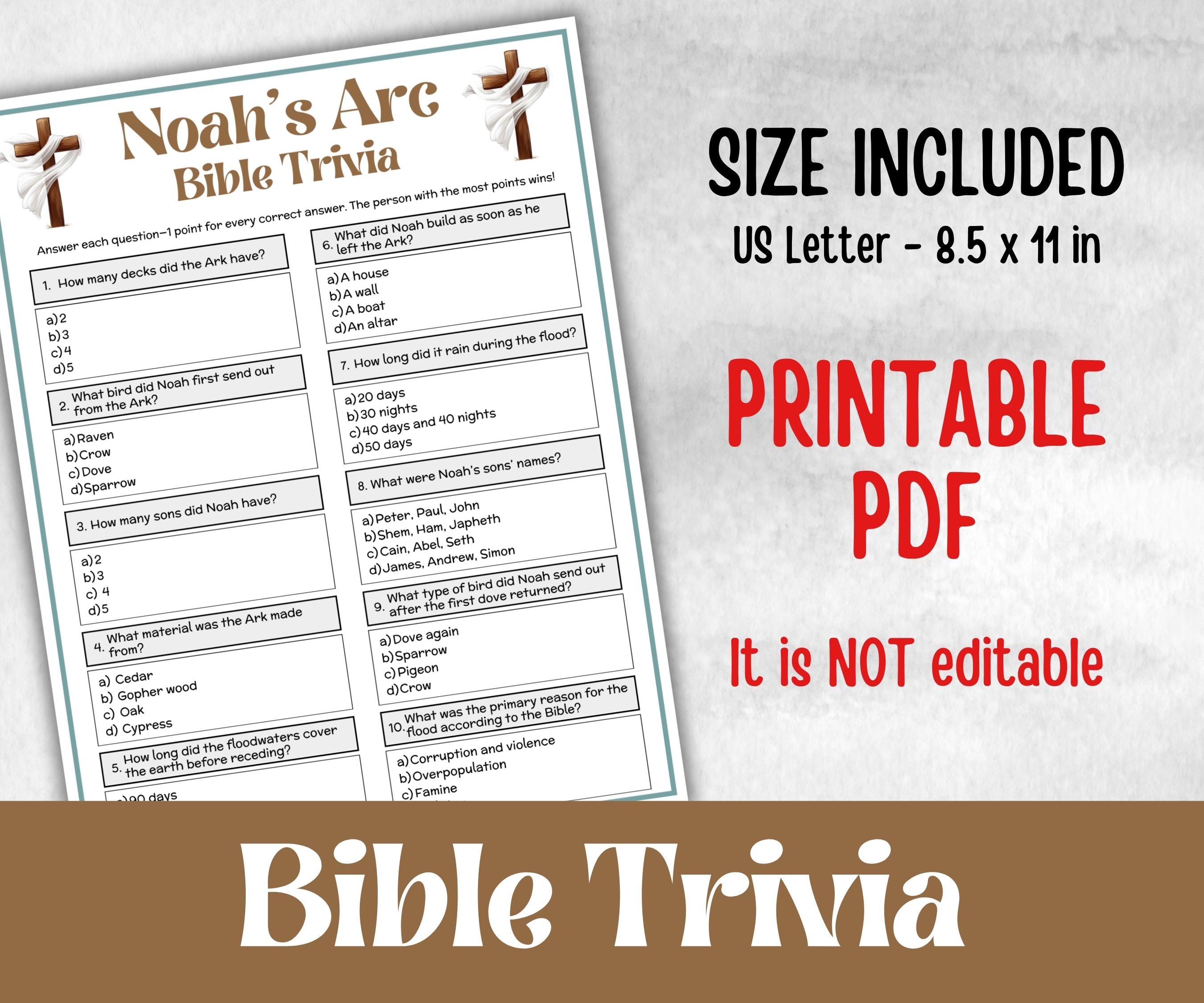 Noah's Arc Trivia, Bible Study riddles, Old Testament Trivia, Church Lesson, Holiday Party Games, Bible Camp, womens retreat, Youth luncheon