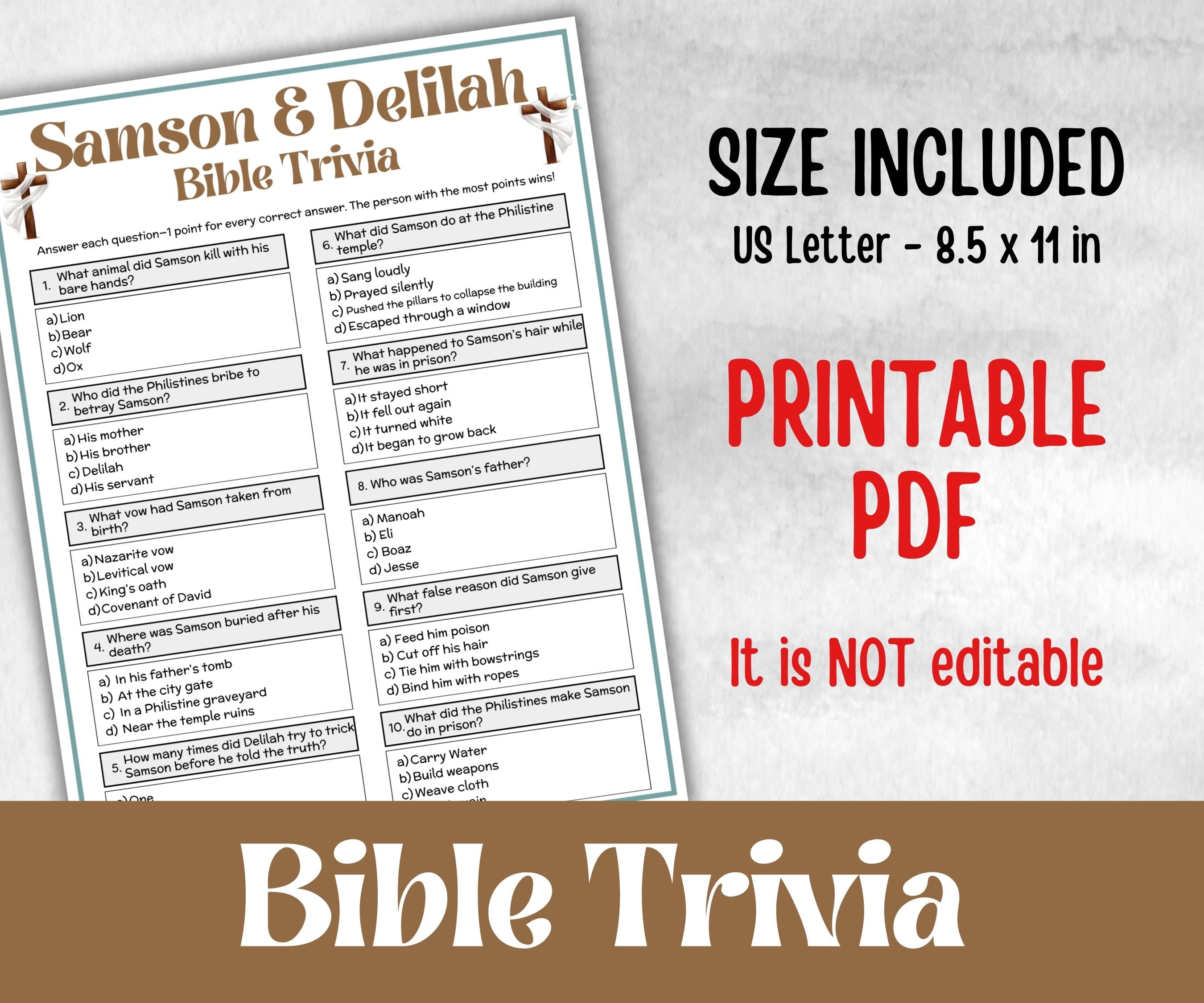 Samson and Delilah Trivia, Bible Study riddles, Old Testament Trivia, Church Lesson, Holiday Party Games, Bible Camp, womens retreat, Youth