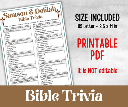 Samson and Delilah Trivia, Bible Study riddles, Old Testament Trivia, Church Lesson, Holiday Party Games, Bible Camp, womens retreat, Youth