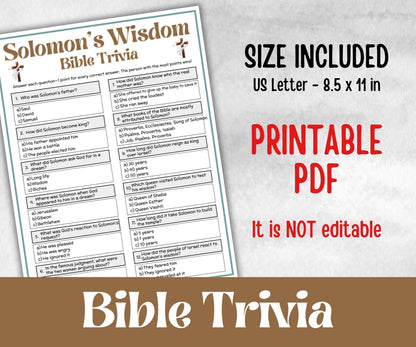 Solomon's Wisdom Trivia, Bible Study riddles, Old Testament Trivia, Church Lesson, Holiday Party Games, Bible Camp, womens retreat, luncheon