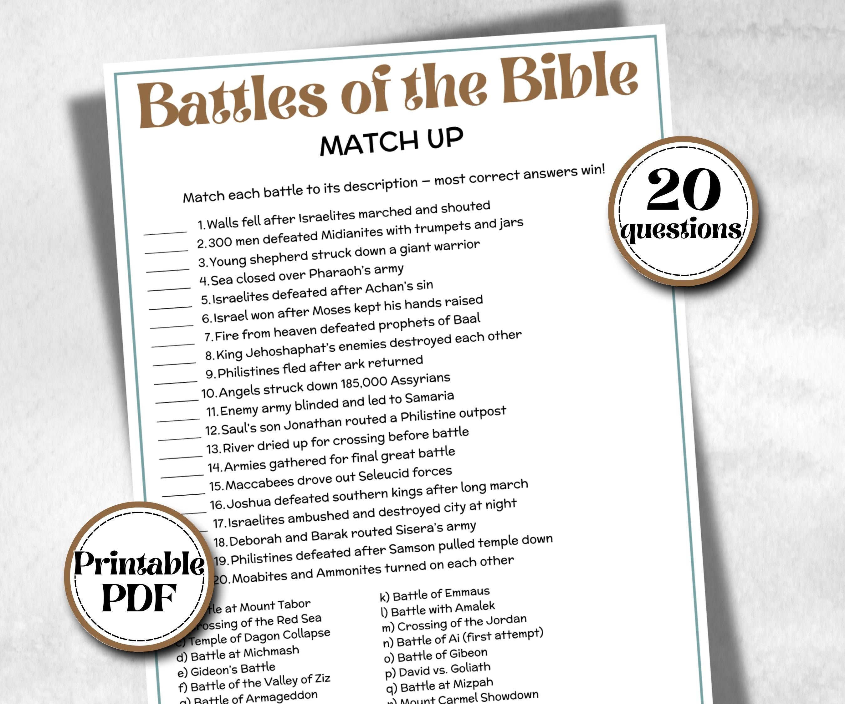 Battles of the Bible Trivia, Sunday School, Bible Study riddles, Holiday Party Games, Bible Camp, womens retreat group, preschool curriculum
