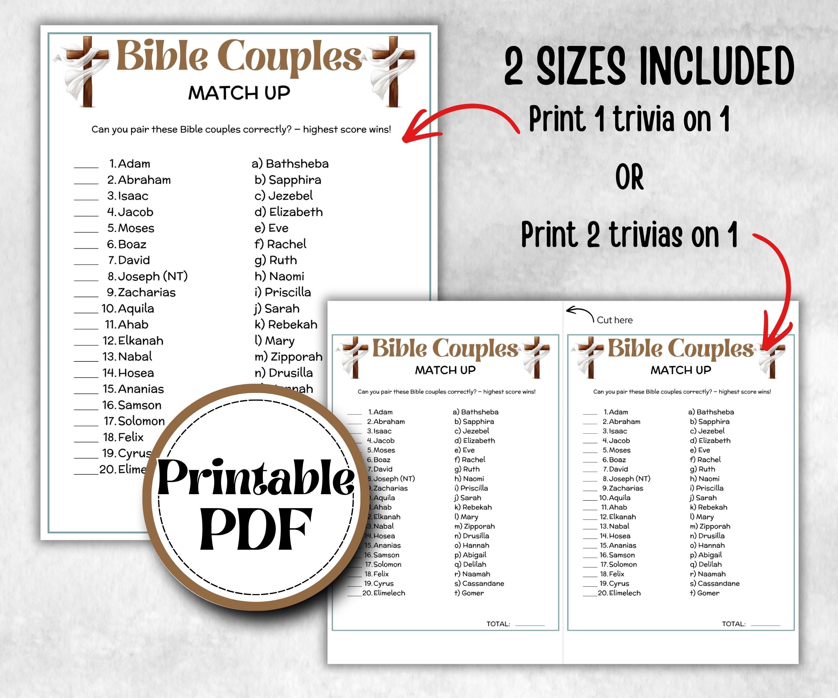 Bible Couples Trivia, Sunday School, Bible Study riddles, Holiday Party Games, Bible Camp, womens retreat group, preschool church curriculum