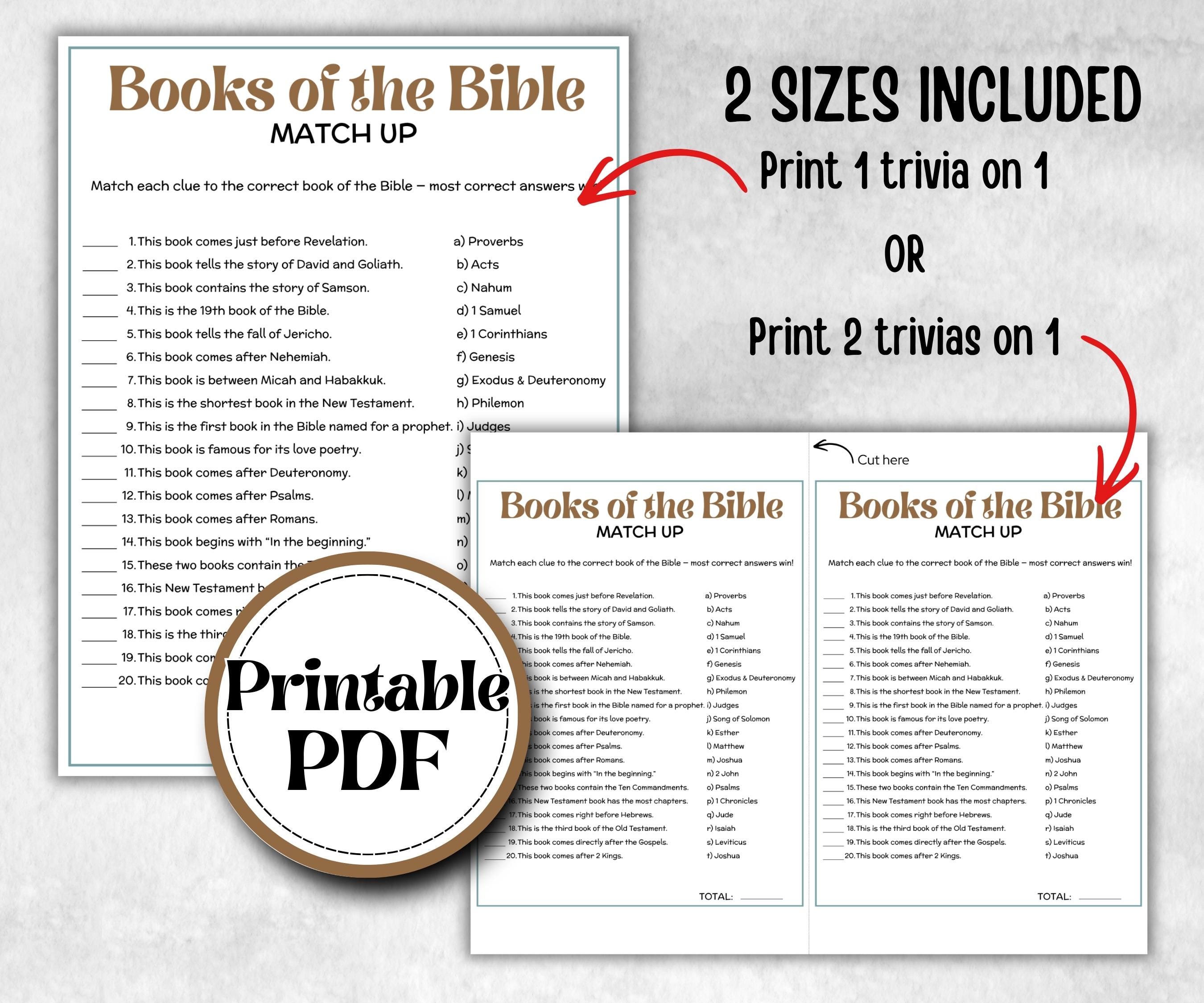 Books of the Bible Trivia, Sunday School, Bible Study riddles, Holiday Party Games, Bible Camp, womens retreat group, preschool  curriculum