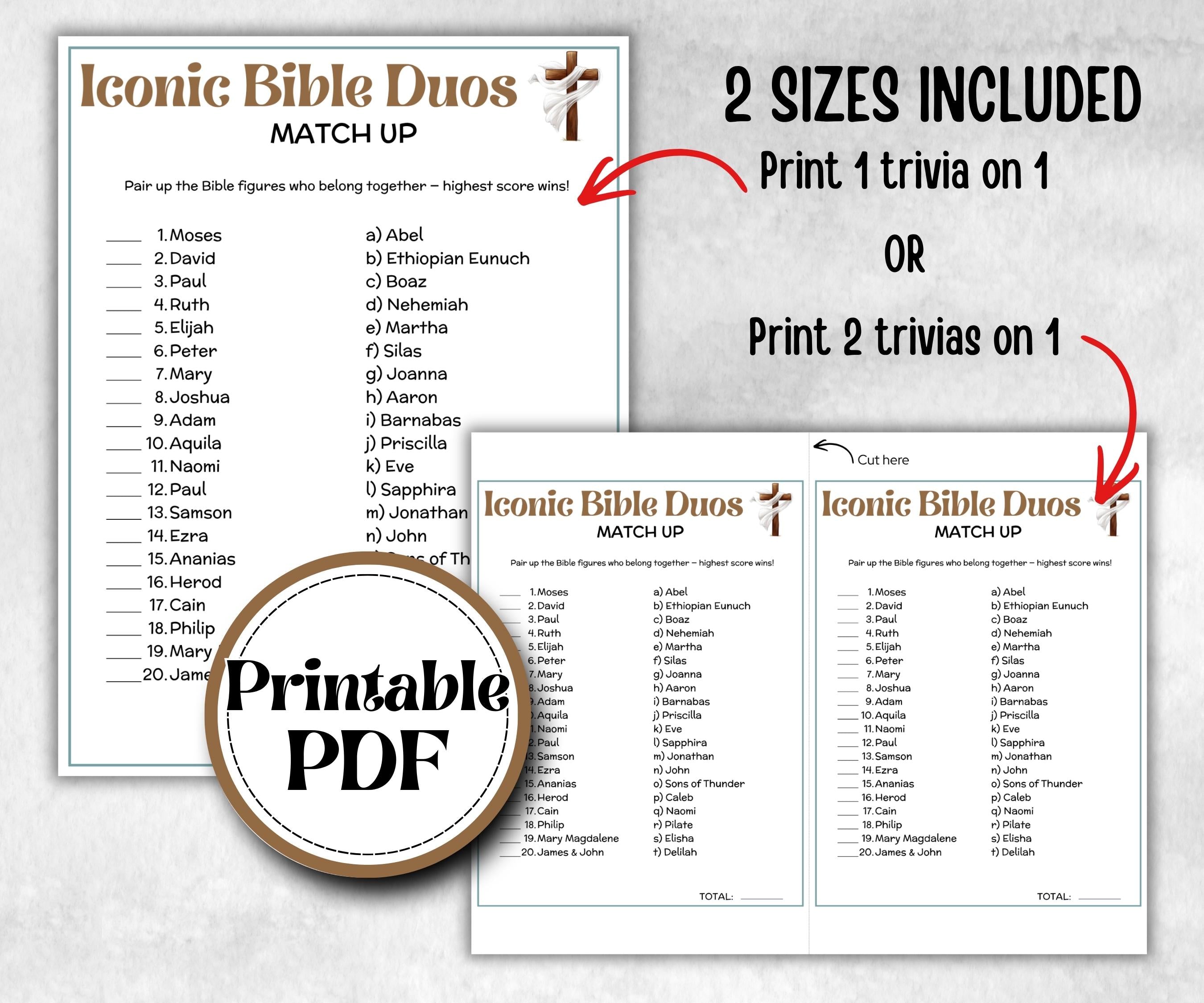 Iconic Bible Duos Trivia, Sunday School, Bible Study riddles, Holiday Party Games, Bible Camp, womens retreat group, preschool curriculum