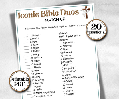 Iconic Bible Duos Trivia, Sunday School, Bible Study riddles, Holiday Party Games, Bible Camp, womens retreat group, preschool curriculum