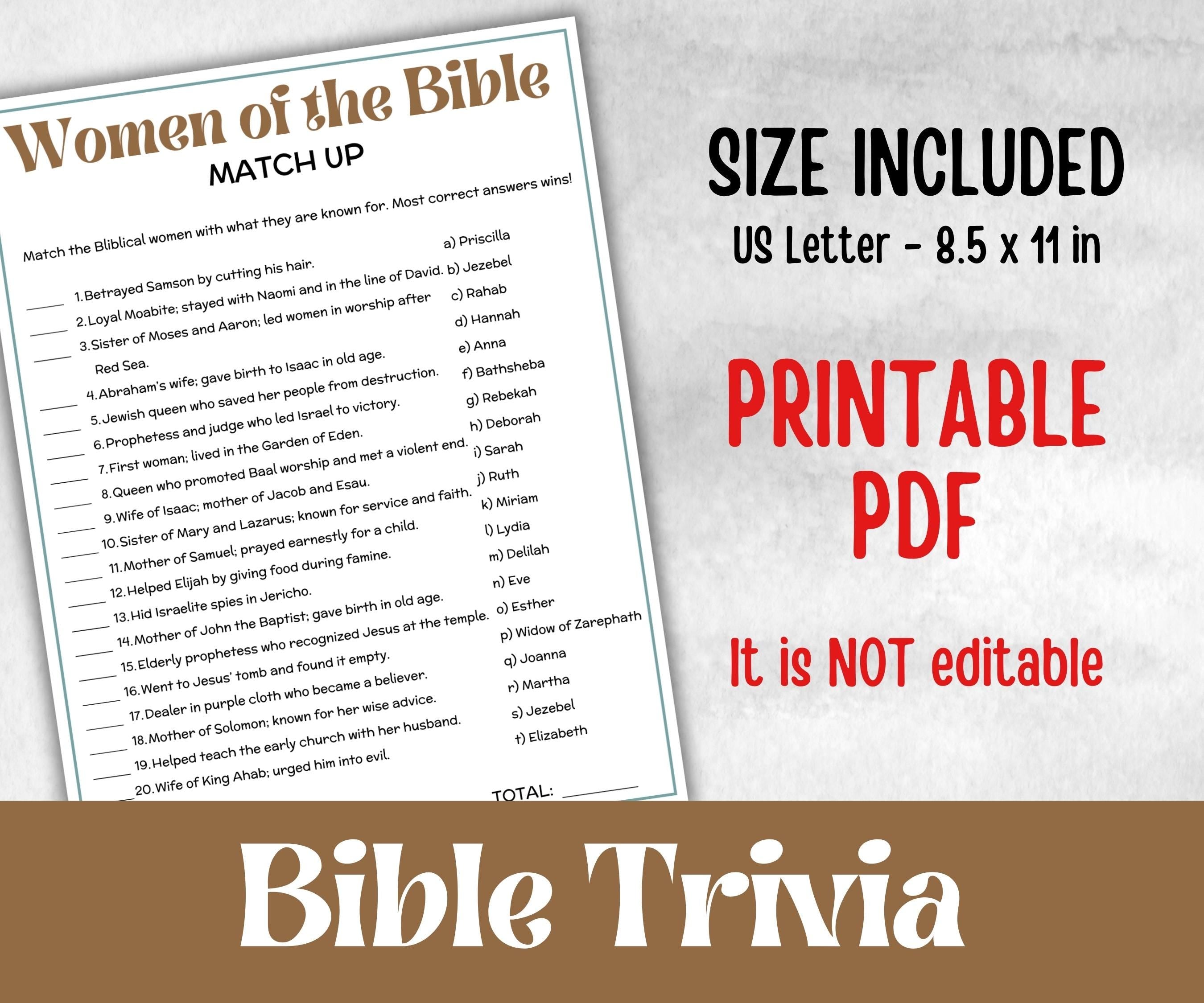 Women of the Bible Trivia, Sunday School, Bible Study riddles, Holiday Party Games, Bible Camp, womens retreat group, preschool curriculum