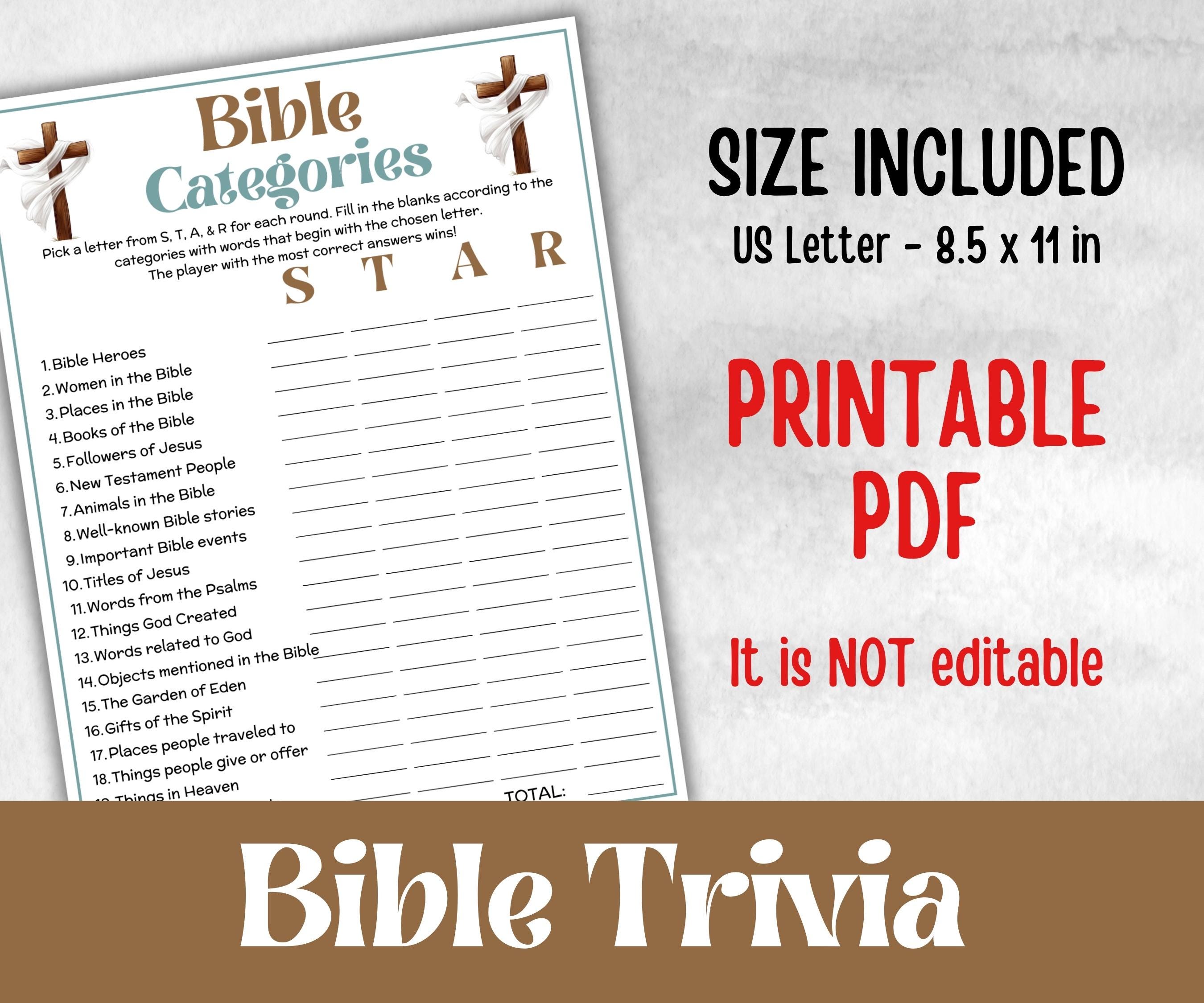Bible Categories Trivia, Sunday School, Bible Study riddles, Holiday Party Games, Bible Camp, womens retreat group, think fast, preschool