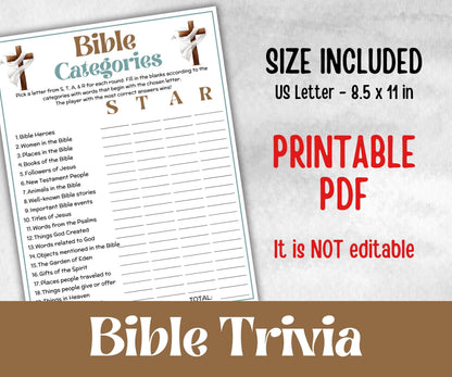 Bible Categories Trivia, Sunday School, Bible Study riddles, Holiday Party Games, Bible Camp, womens retreat group, think fast, preschool