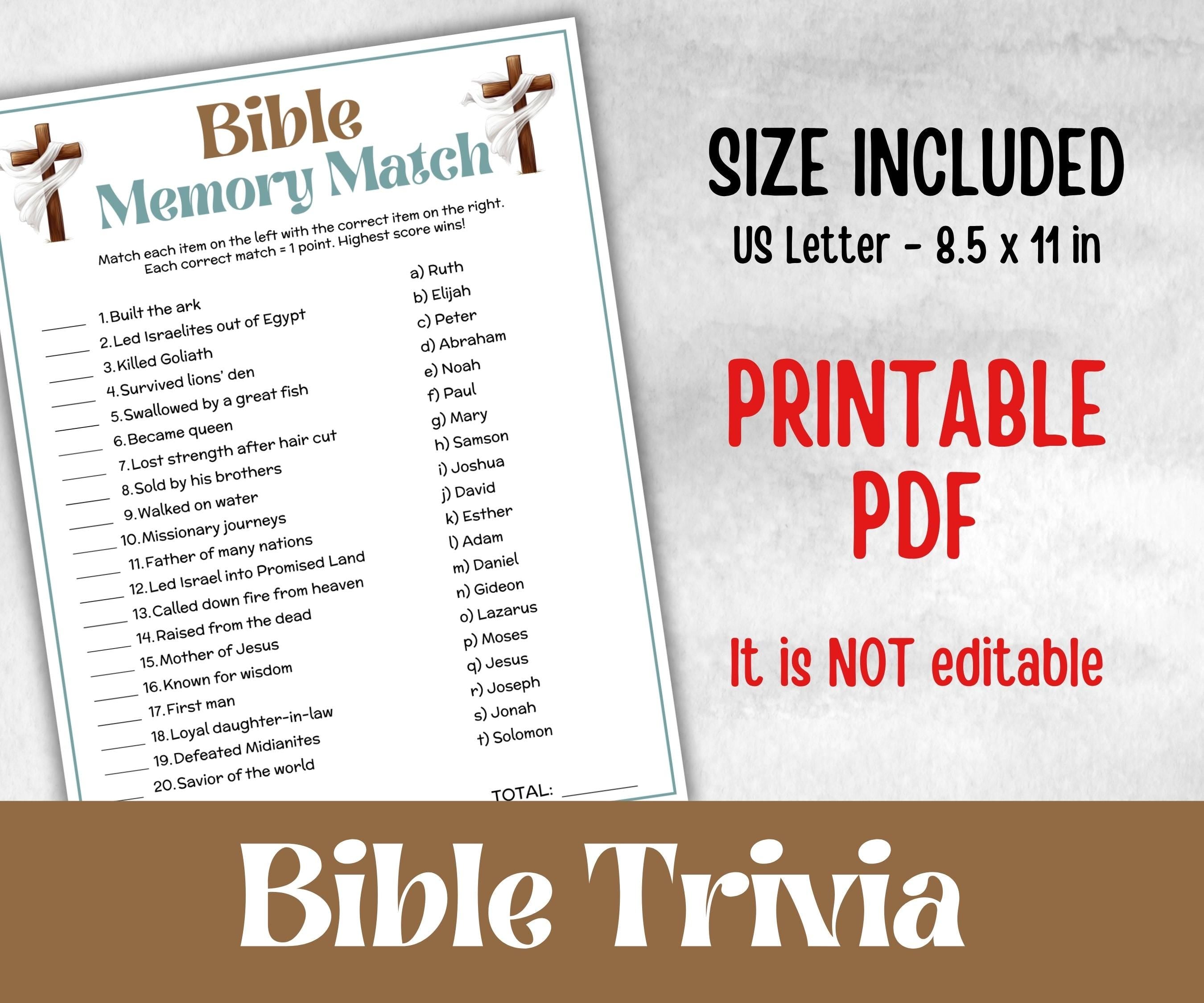 Bible Memory Match Trivia, Sunday School, Bible Study riddles, Holiday Party Games, Bible Camp, womens retreat group, preschool curriculum