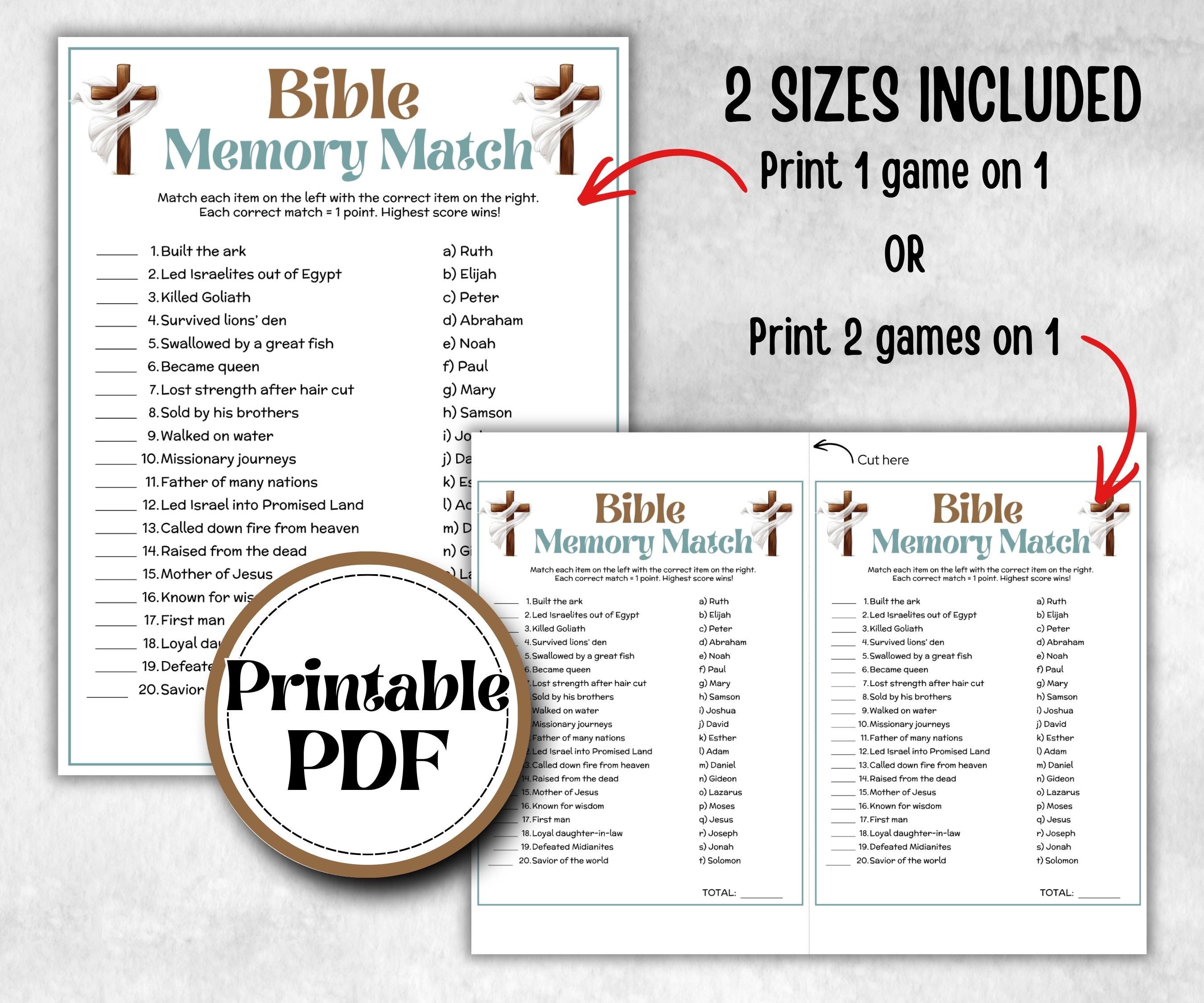 Bible Memory Match Trivia, Sunday School, Bible Study riddles, Holiday Party Games, Bible Camp, womens retreat group, preschool curriculum