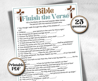Bible Finish the Verse, Bible Study riddle, Holiday Bible Camp, womens retreat group, New Testament, Old Testament, Family Game Night party
