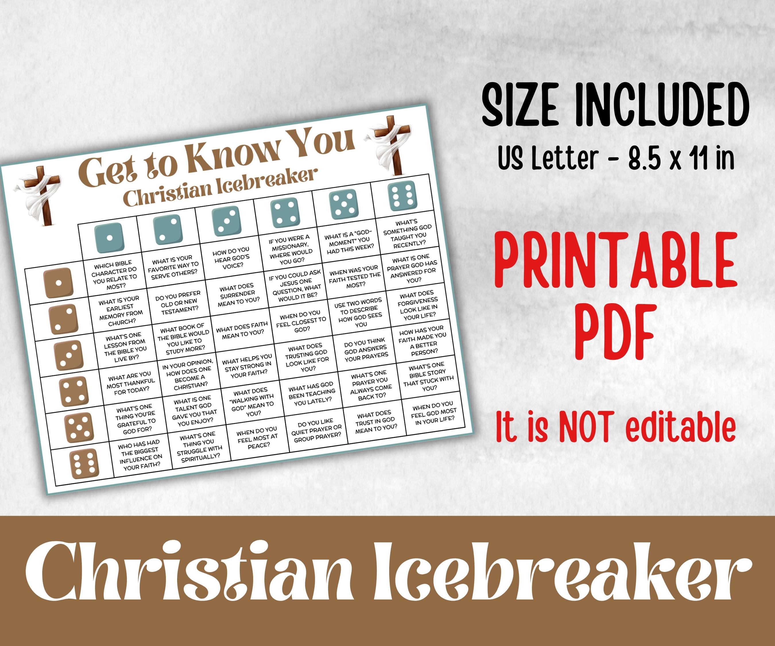 Bible Get to know you, roll the dice, roll and tell, mix and mingle, family reunion, team building, all about me bible, gratitude fun game