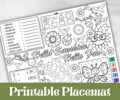 Spring coloring Placemats, Daycare Printable, kids activity sheets, spring sleepover party, spring Tea Party, Homeschool Easter Activity