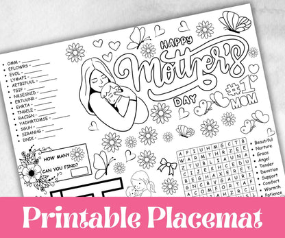 Mothers Day coloring Placemats, Daycare Printable, kids activity sheets, Mom Keepsake, Tea Party, Personalised Gift, Happy Mothers Day print