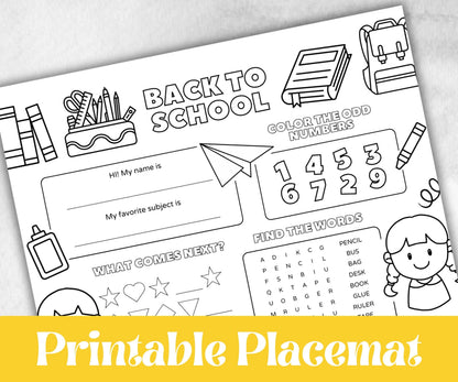Back to School coloring Placemats, Daycare Printable, kids activity sheet, homeschool, educational Quiz, return to school, 1st day of school
